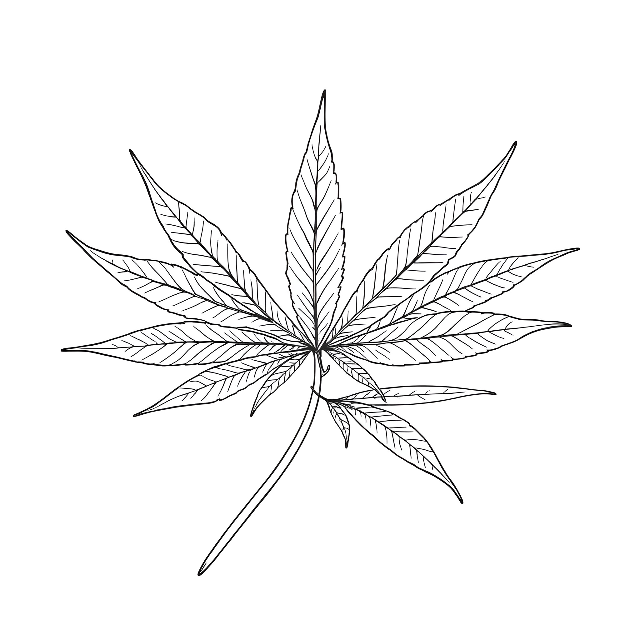 Cannabis leaf in a simple line art drawing Coloring Page (free black-and-white line drawing printable PDF for all, from beginners to advanced learners, including children, teens, adults, and seniors)