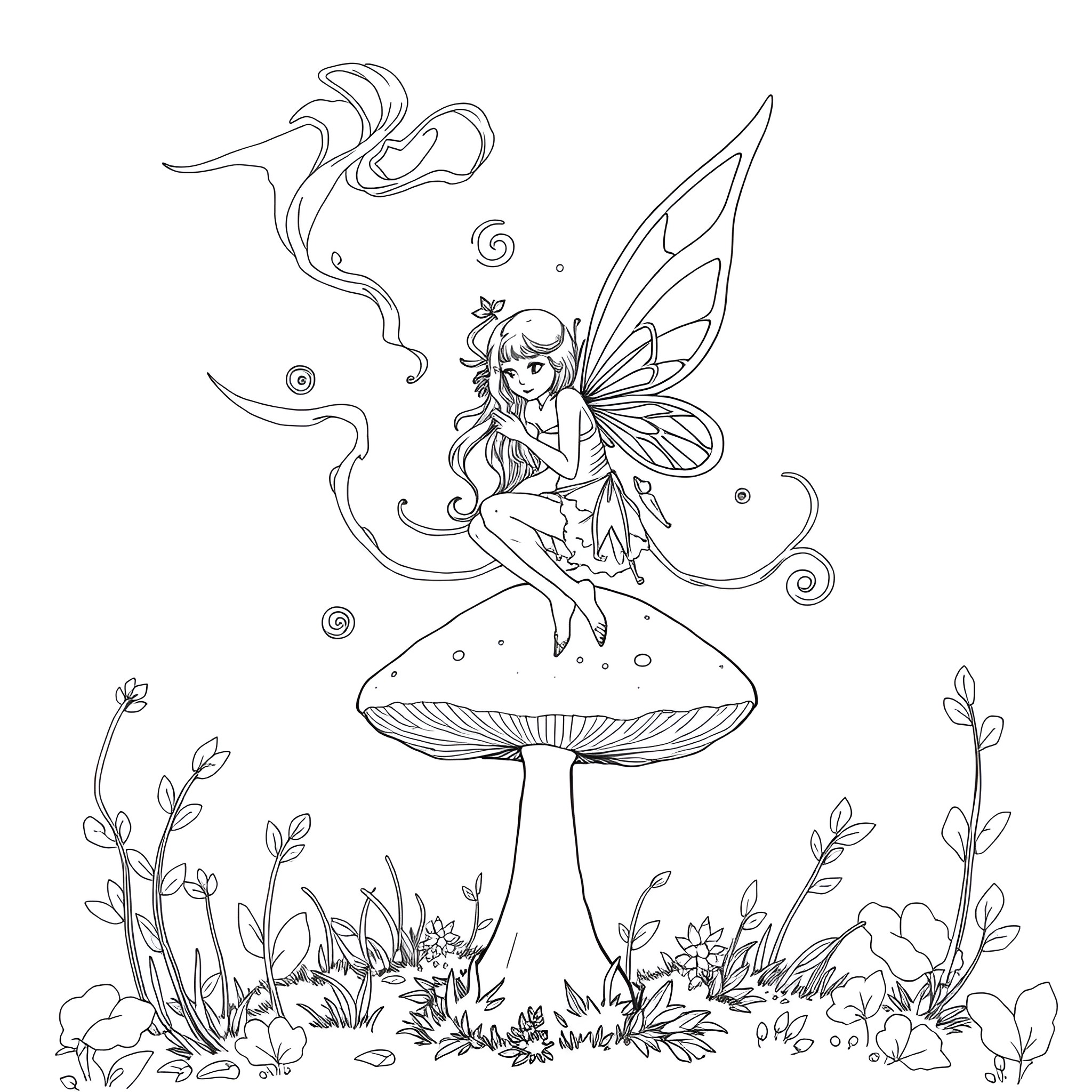 Fairy sitting on a mushroom in a whimsical forest Coloring Page (free black-and-white line drawing printable PDF for all, from beginners to advanced learners, including children, teens, adults, and seniors)
