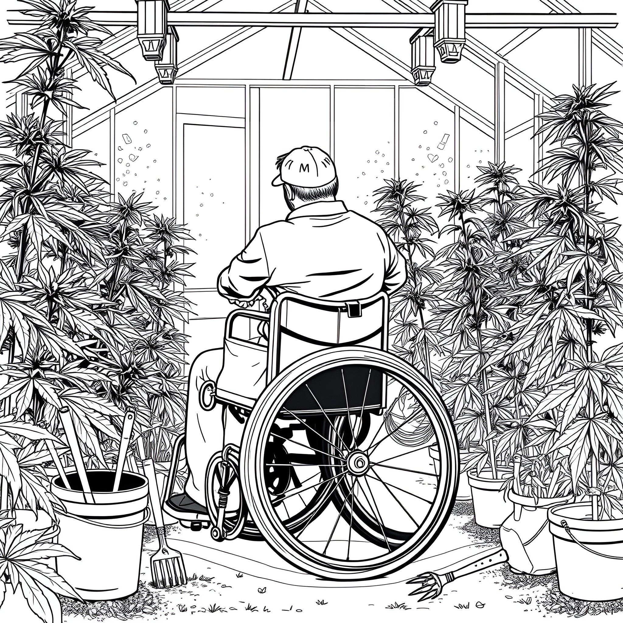 Person in wheelchair surrounded by lush greenery Coloring Page (free black-and-white line drawing printable PDF for all, from beginners to advanced learners, including children, teens, adults, and seniors)