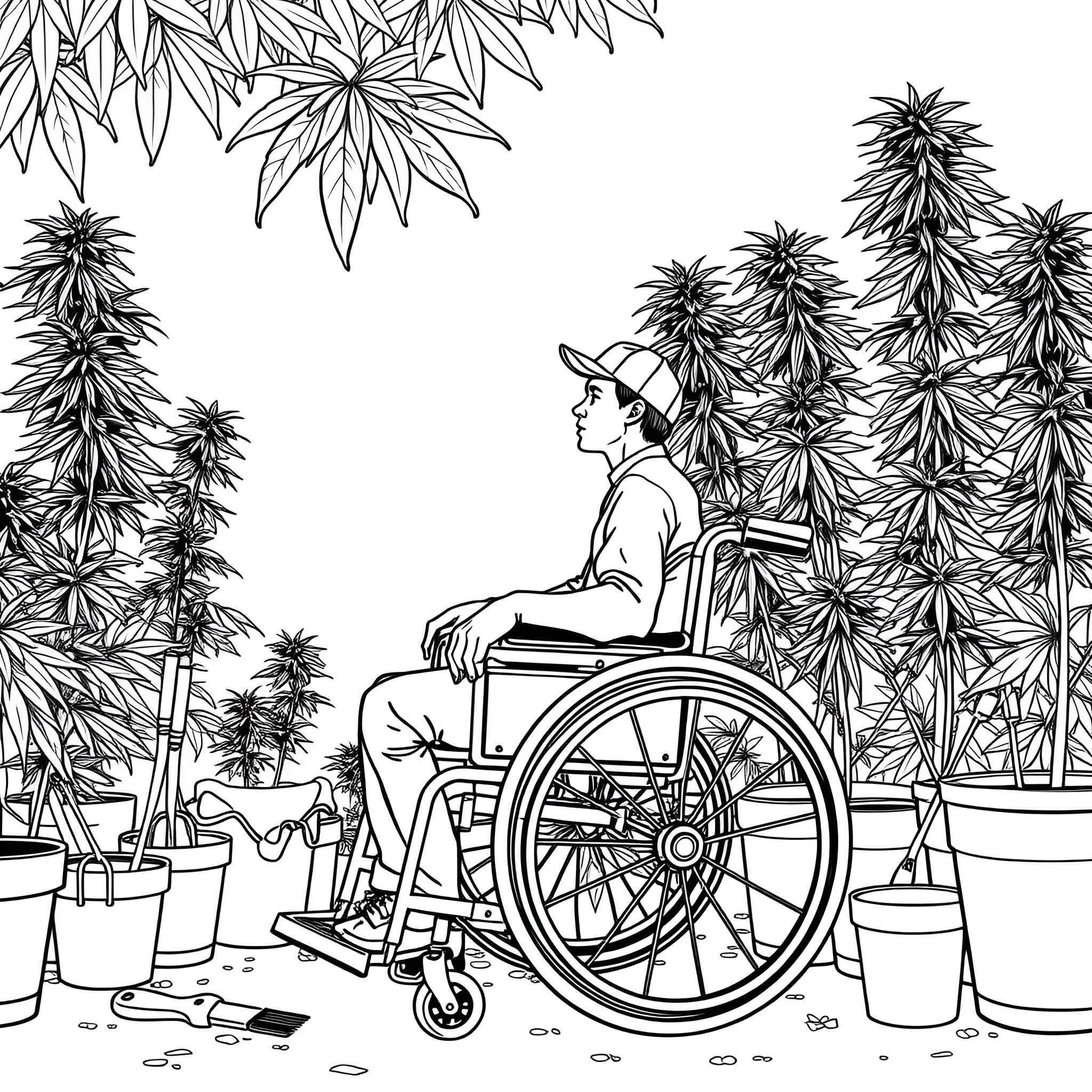 Person in Wheelchair in Leafy Outdoor Setting Coloring Page (free black-and-white line drawing printable PDF for all, from beginners to advanced learners, including children, teens, adults, and seniors)