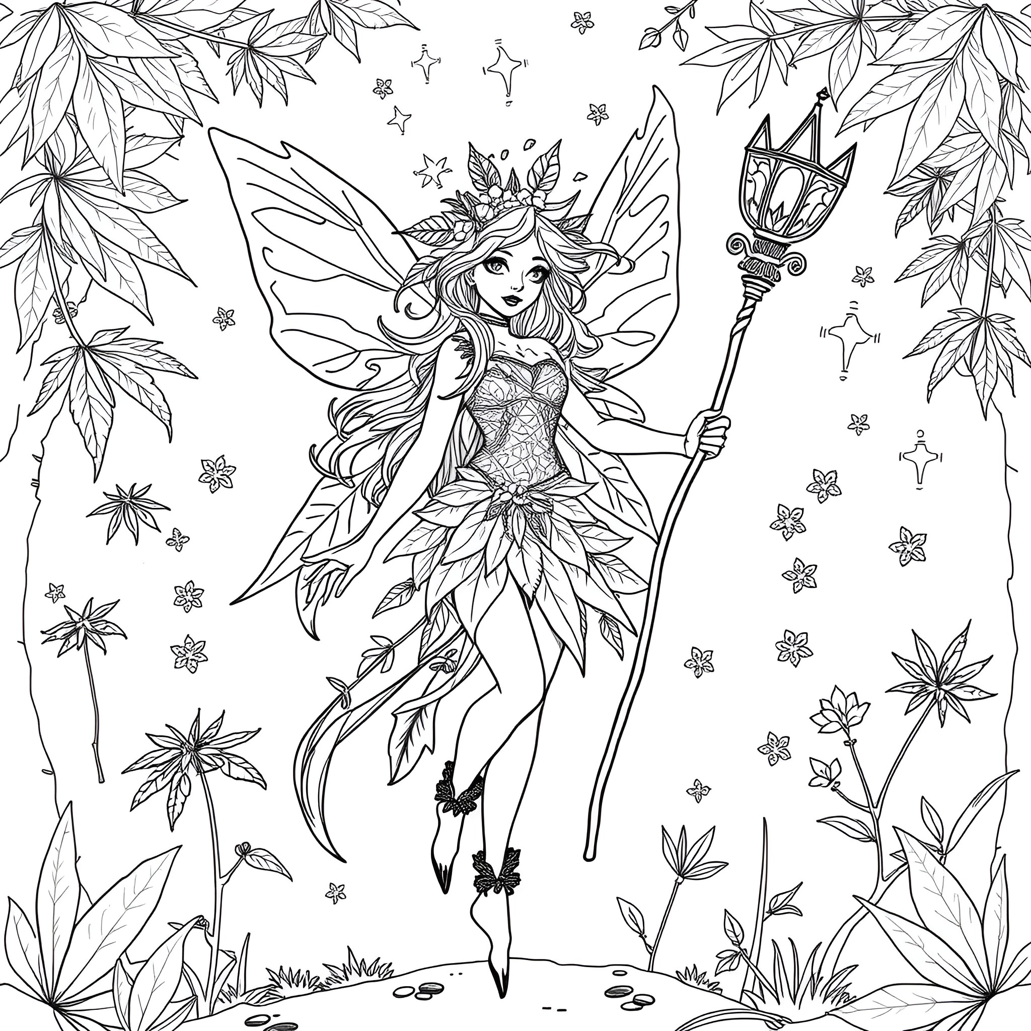 Fairy Enchantress in Whimsical Forest Realm Coloring Page (free black-and-white line drawing printable PDF for all, from beginners to advanced learners, including children, teens, adults, and seniors)