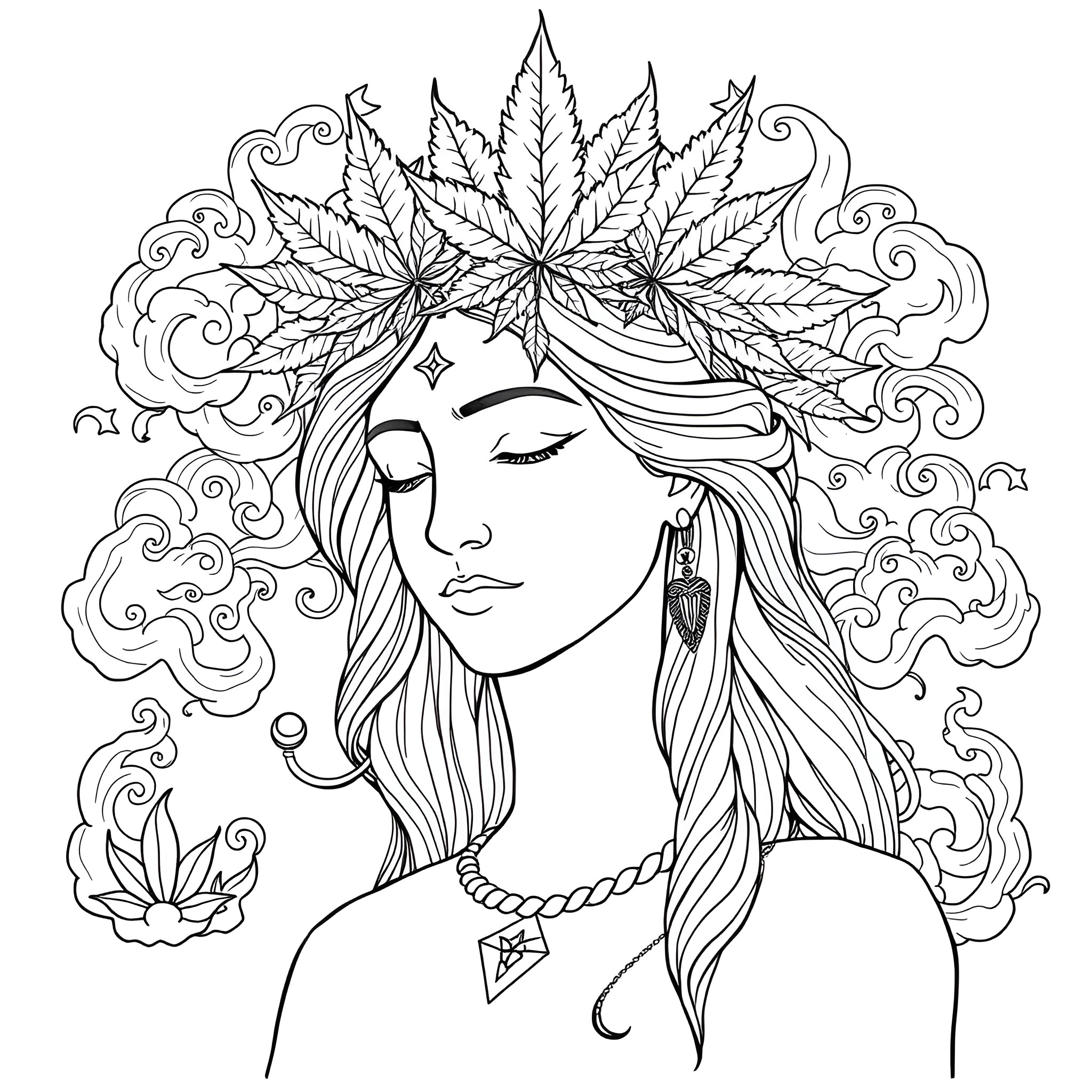 Goddess of Ethereal Beauty and Tranquility Coloring Page (free black-and-white line drawing printable PDF for all, from beginners to advanced learners, including children, teens, adults, and seniors)
