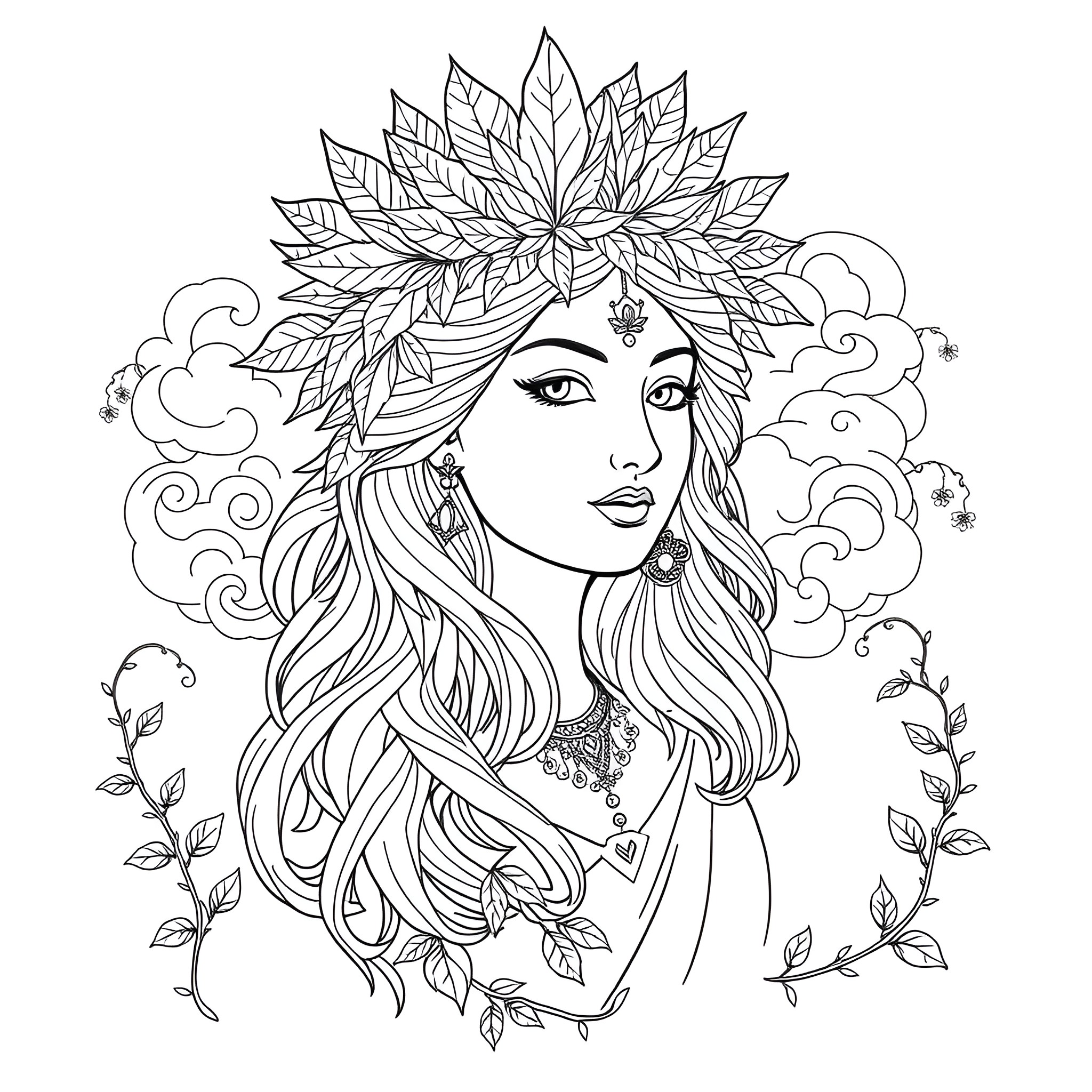 Goddess of Autumn Foliage and Intricate Adornments Coloring Page (free black-and-white line drawing printable PDF for all, from beginners to advanced learners, including children, teens, adults, and seniors)