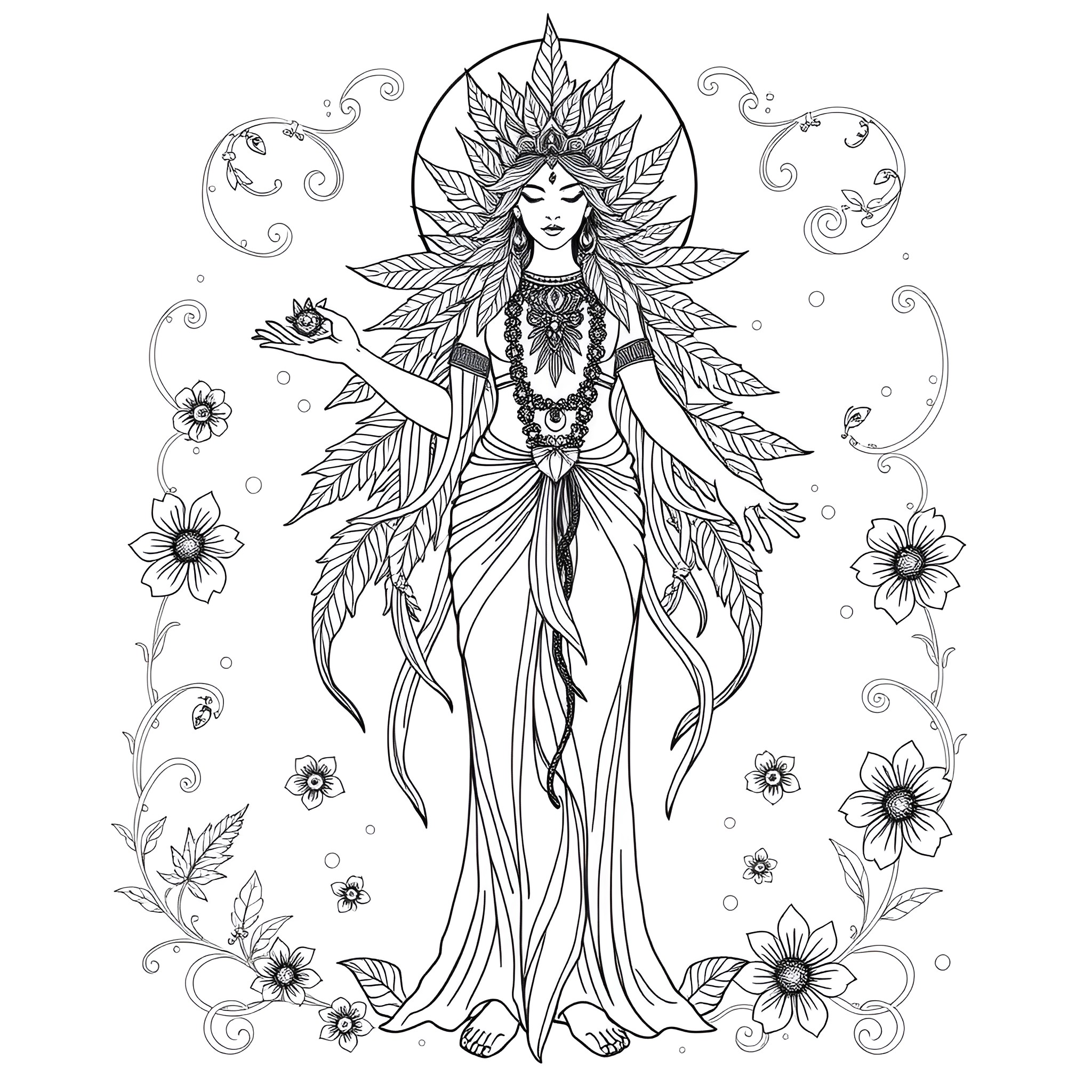 Goddess of Flora's Ethereal Grace Coloring Page (free black-and-white line drawing printable PDF for all, from beginners to advanced learners, including children, teens, adults, and seniors)