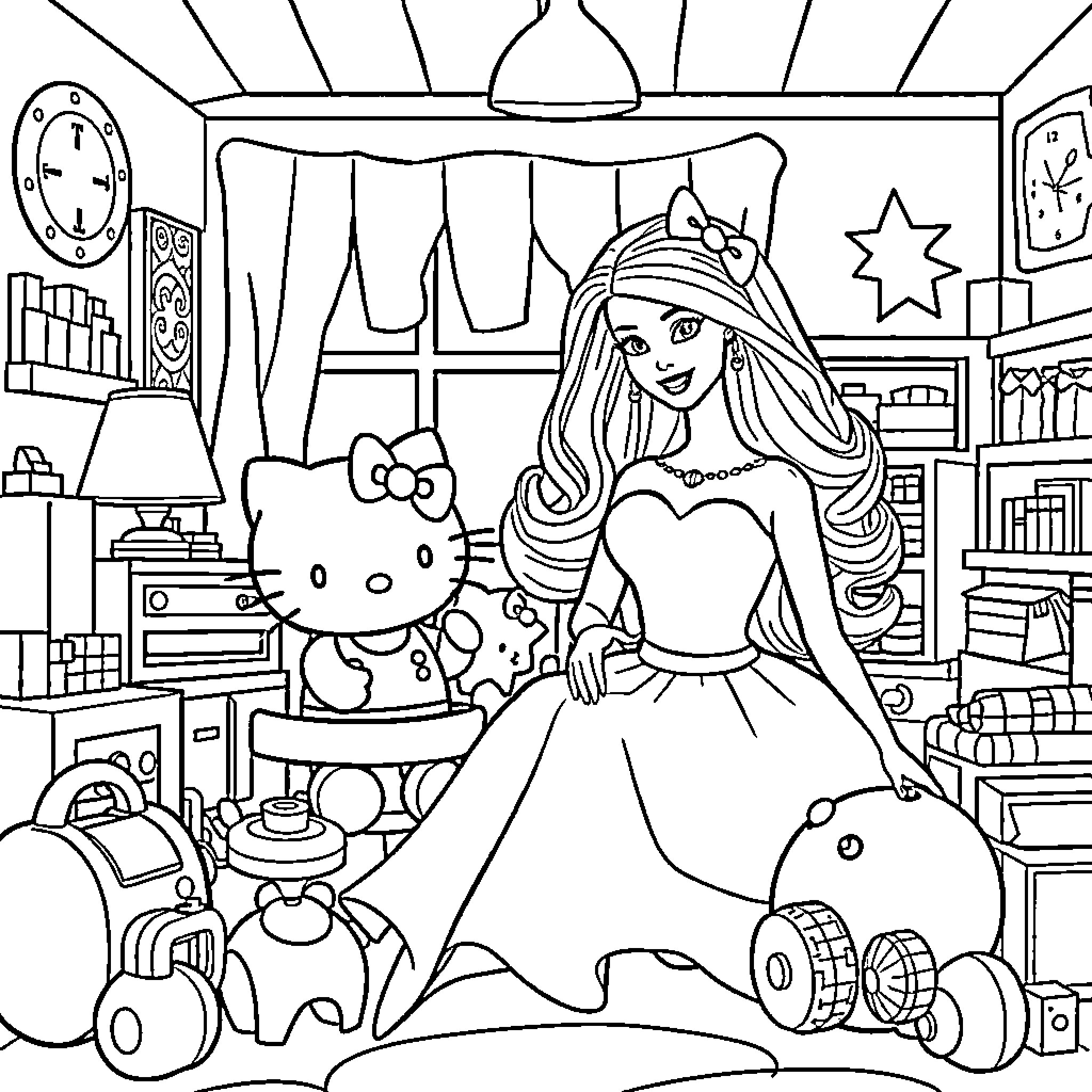 Barbie and Hello Kitty enjoying a cozy day at home Coloring Page (free black-and-white line drawing printable PDF for all, from beginners to advanced learners, including children, teens, adults, and seniors)