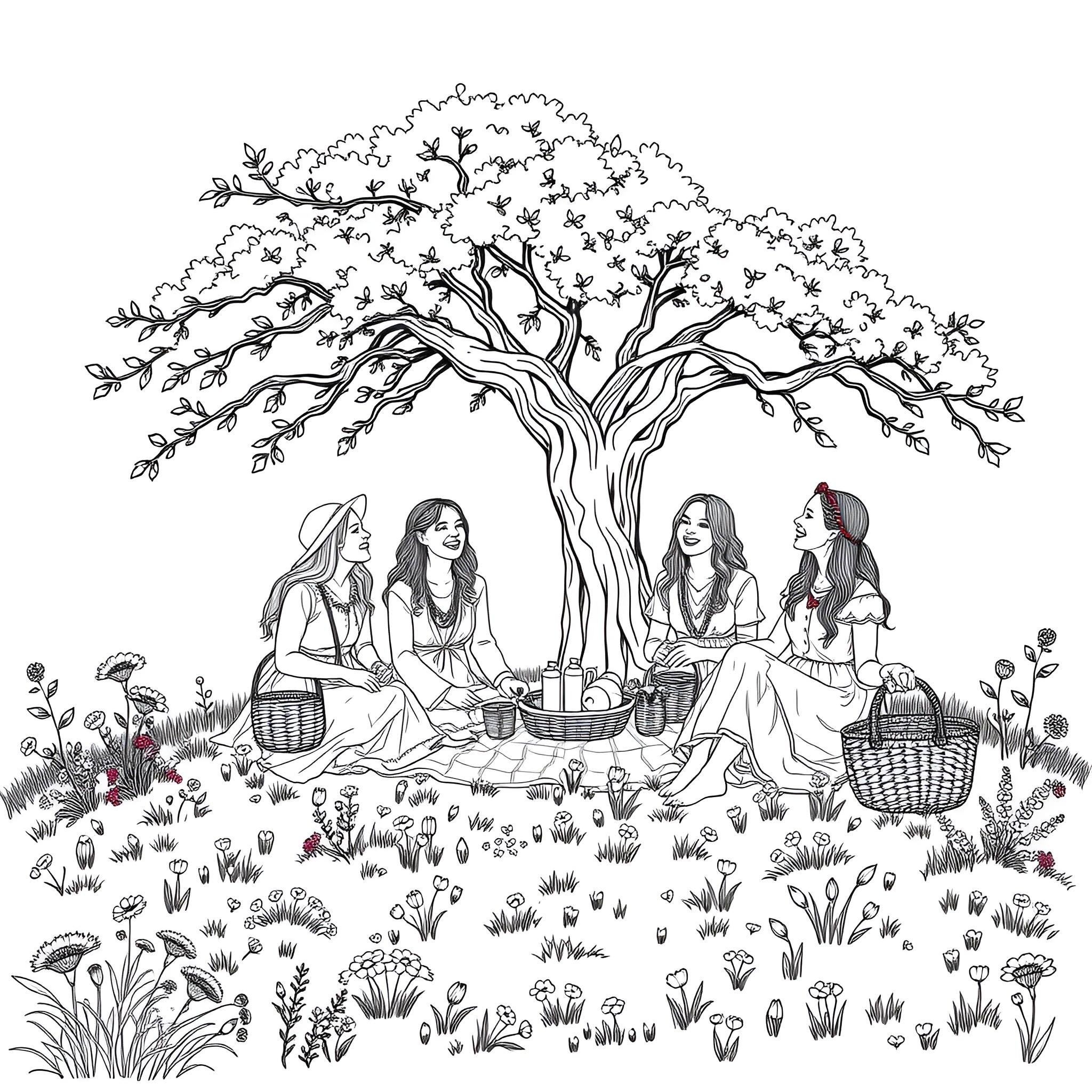 Women enjoying a picnic under a large tree Coloring Page (free black-and-white line drawing printable PDF for all, from beginners to advanced learners, including children, teens, adults, and seniors)