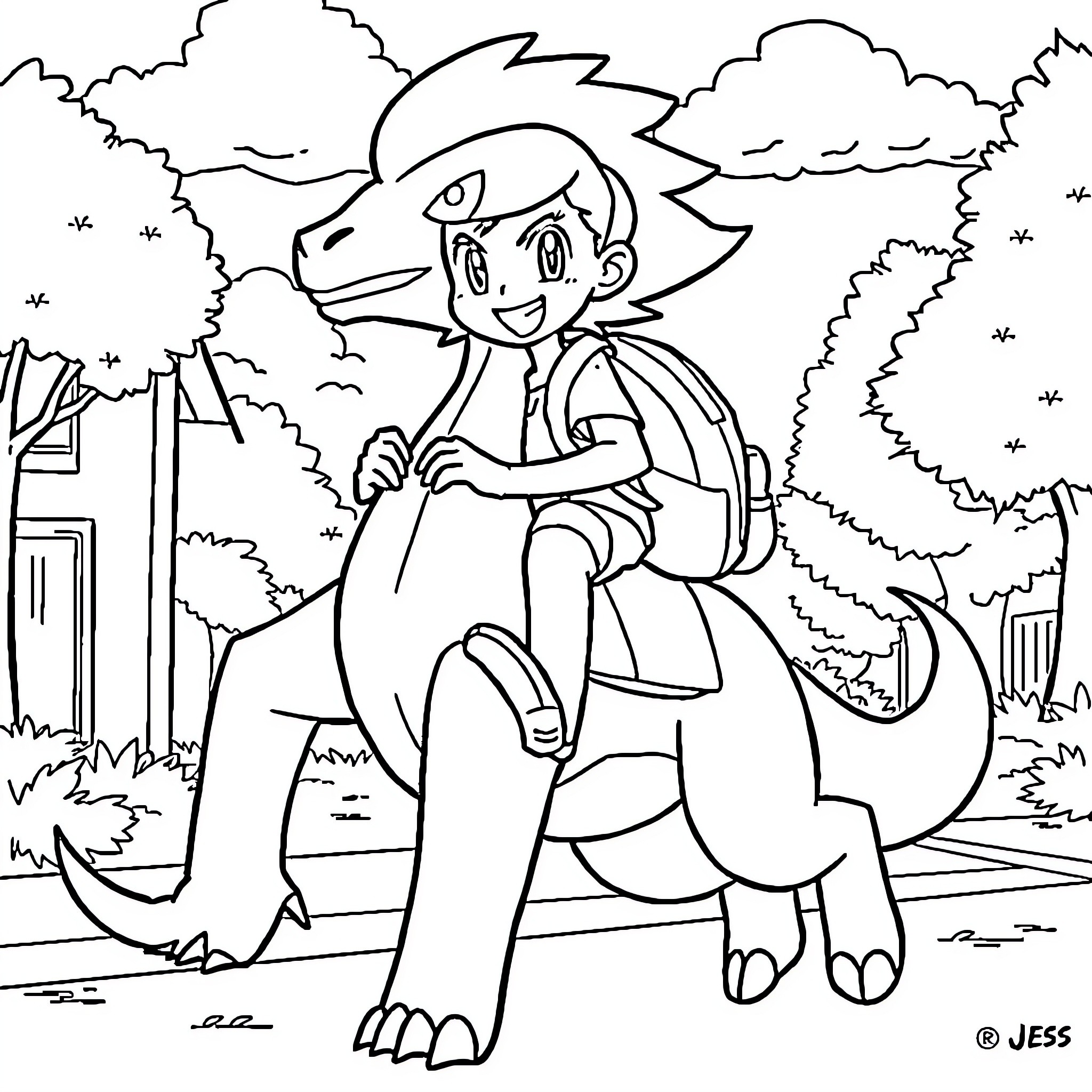 Boy exploring the wilderness with a friendly dinosaur Coloring Page (free black-and-white line drawing printable PDF for all, from beginners to advanced learners, including children, teens, adults, and seniors)
