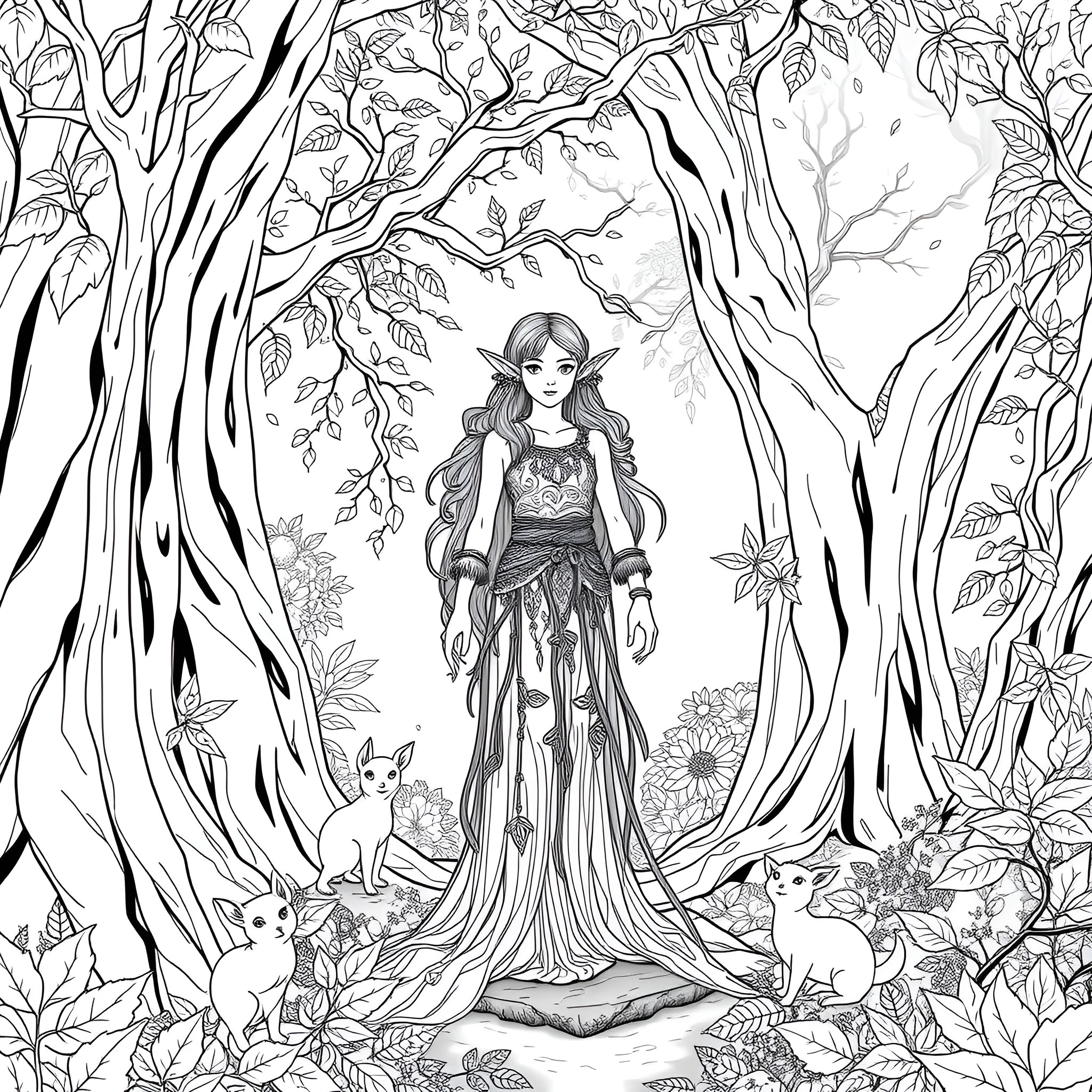 Druid Maiden Amid Enchanted Forest Scenery Coloring Page (free black-and-white line drawing printable PDF for all, from beginners to advanced learners, including children, teens, adults, and seniors)