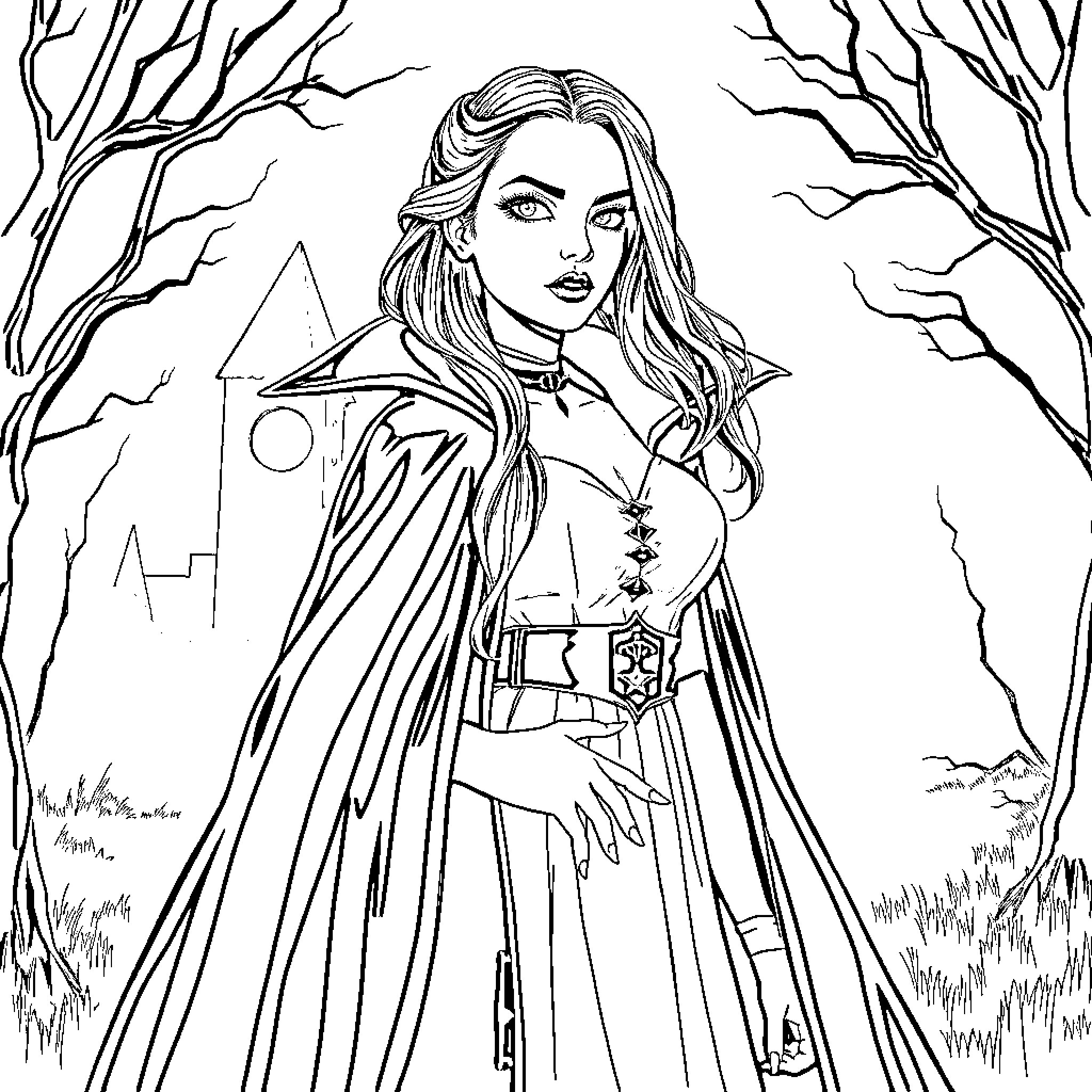 Olivia Rodrigo's Enchanting Woodland Adventure Coloring Page (free black-and-white line drawing printable PDF for all, from beginners to advanced learners, including children, teens, adults, and seniors)