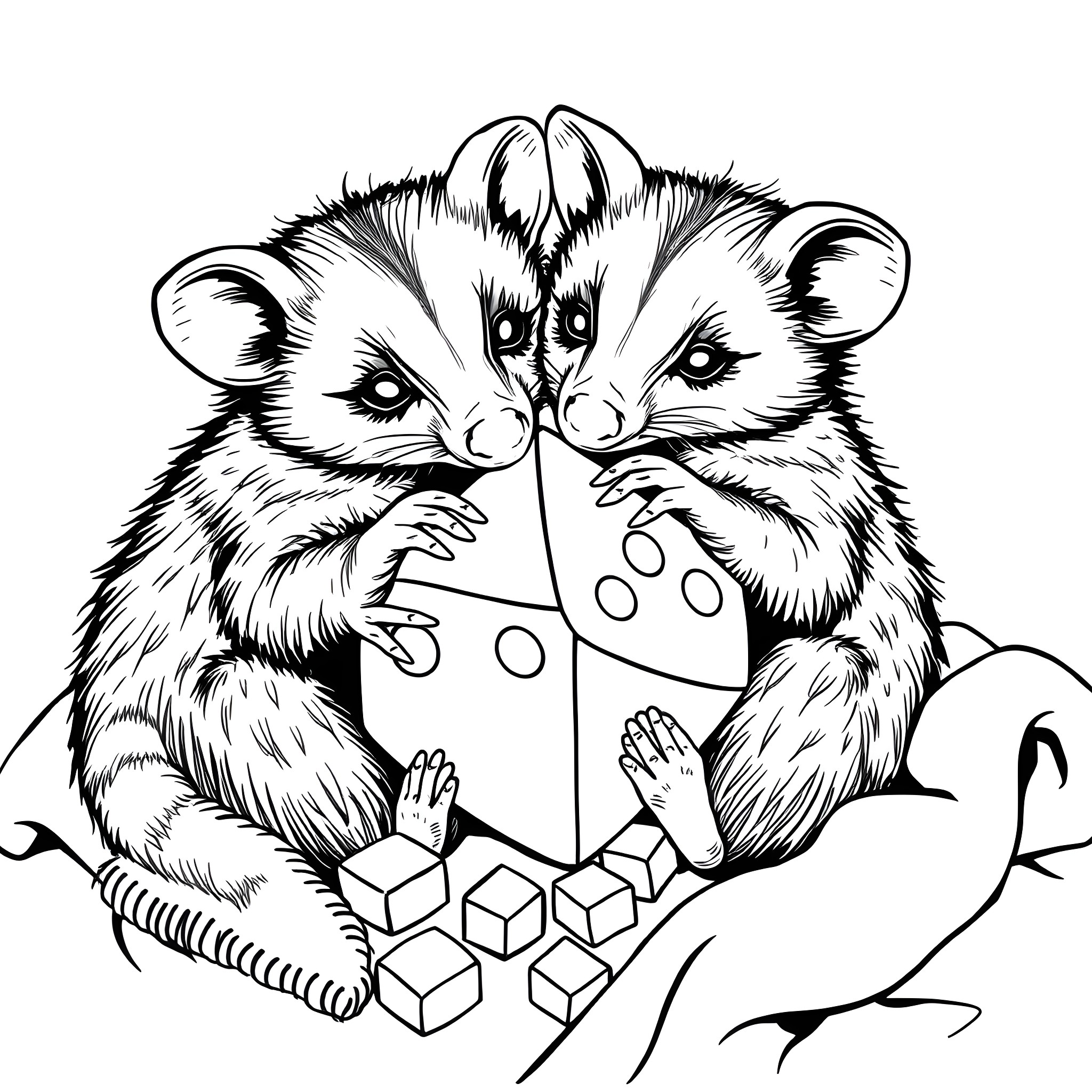 Opossum siblings playing with toy blocks Coloring Page (free black-and-white line drawing printable PDF for all, from beginners to advanced learners, including children, teens, adults, and seniors)