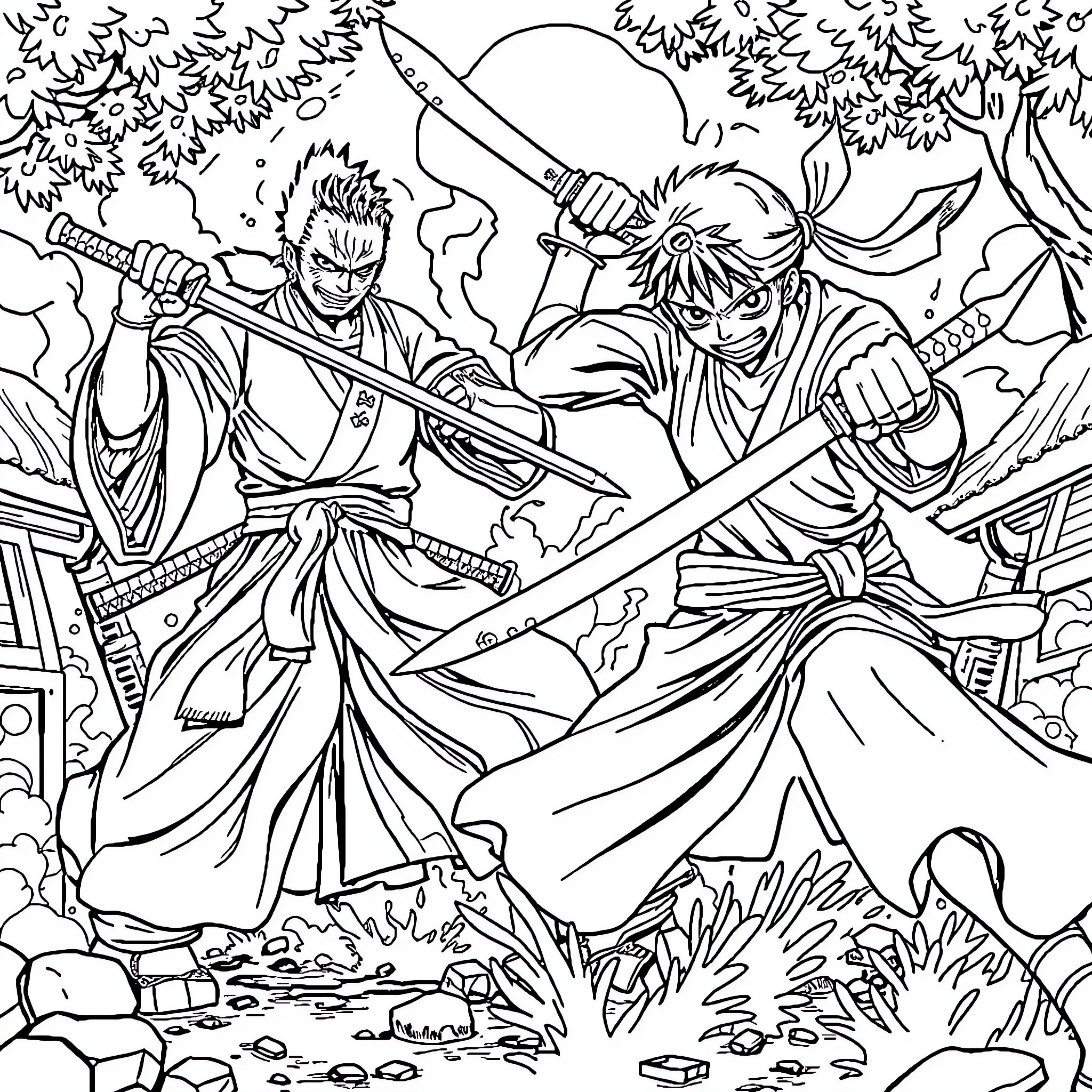 Zoro and companion engaged in fierce combat in the wilderness Coloring Page (free black-and-white line drawing printable PDF for all, from beginners to advanced learners, including children, teens, adults, and seniors)