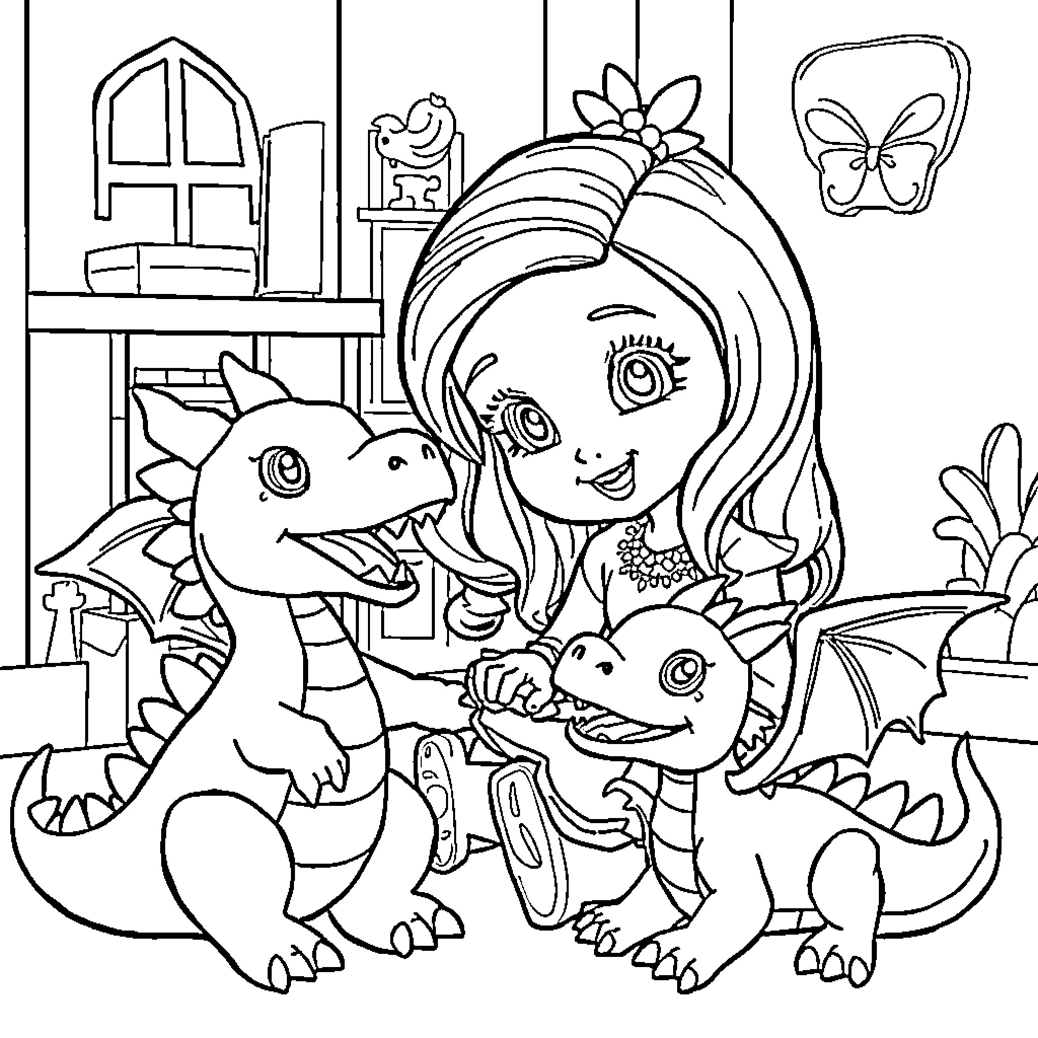 Gabby playing with friendly dinosaurs in a cozy room Coloring Page (free black-and-white line drawing printable PDF for all, from beginners to advanced learners, including children, teens, adults, and seniors)