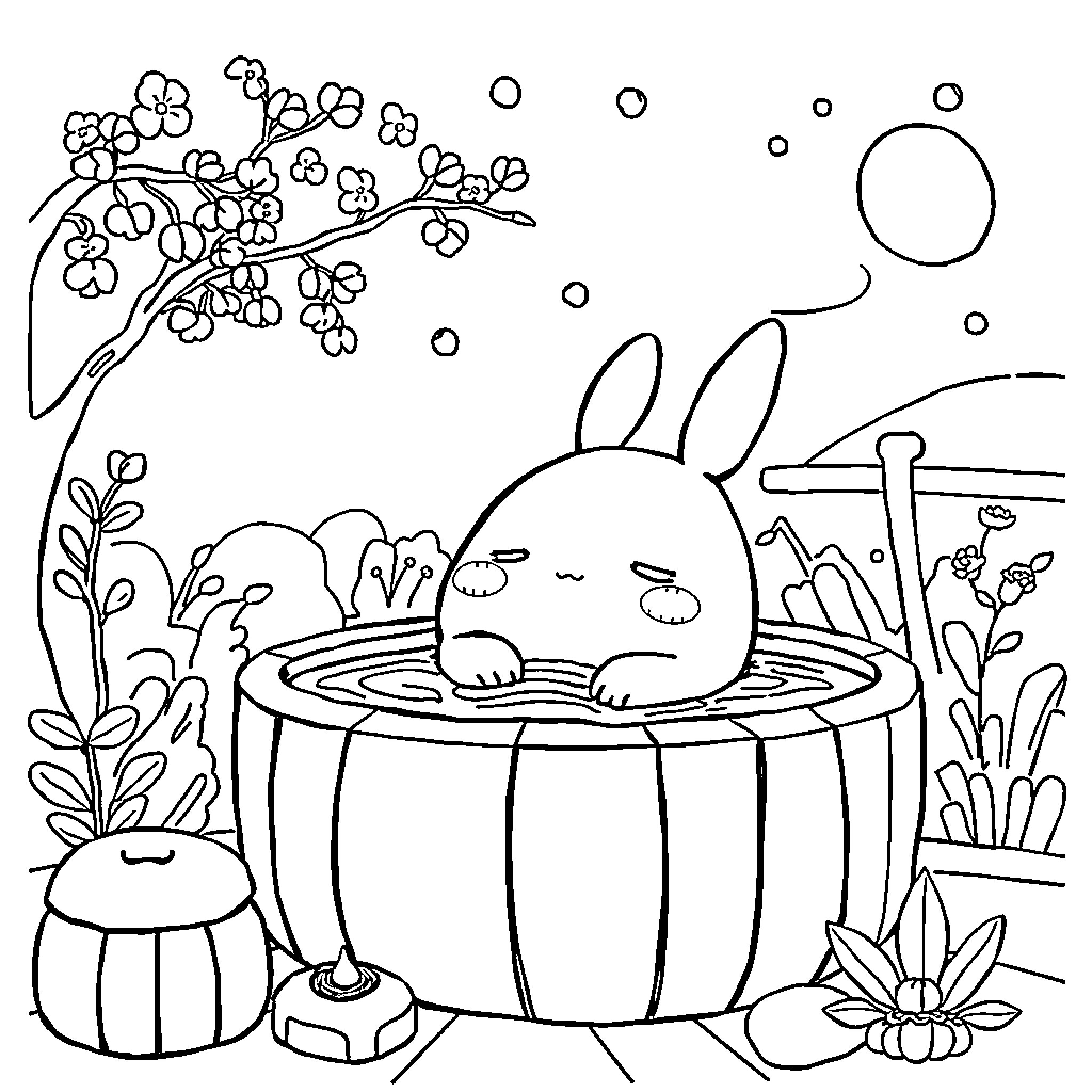Ghibli bunny enjoying a relaxing hot spring Coloring Page (free black-and-white line drawing printable PDF for all, from beginners to advanced learners, including children, teens, adults, and seniors)