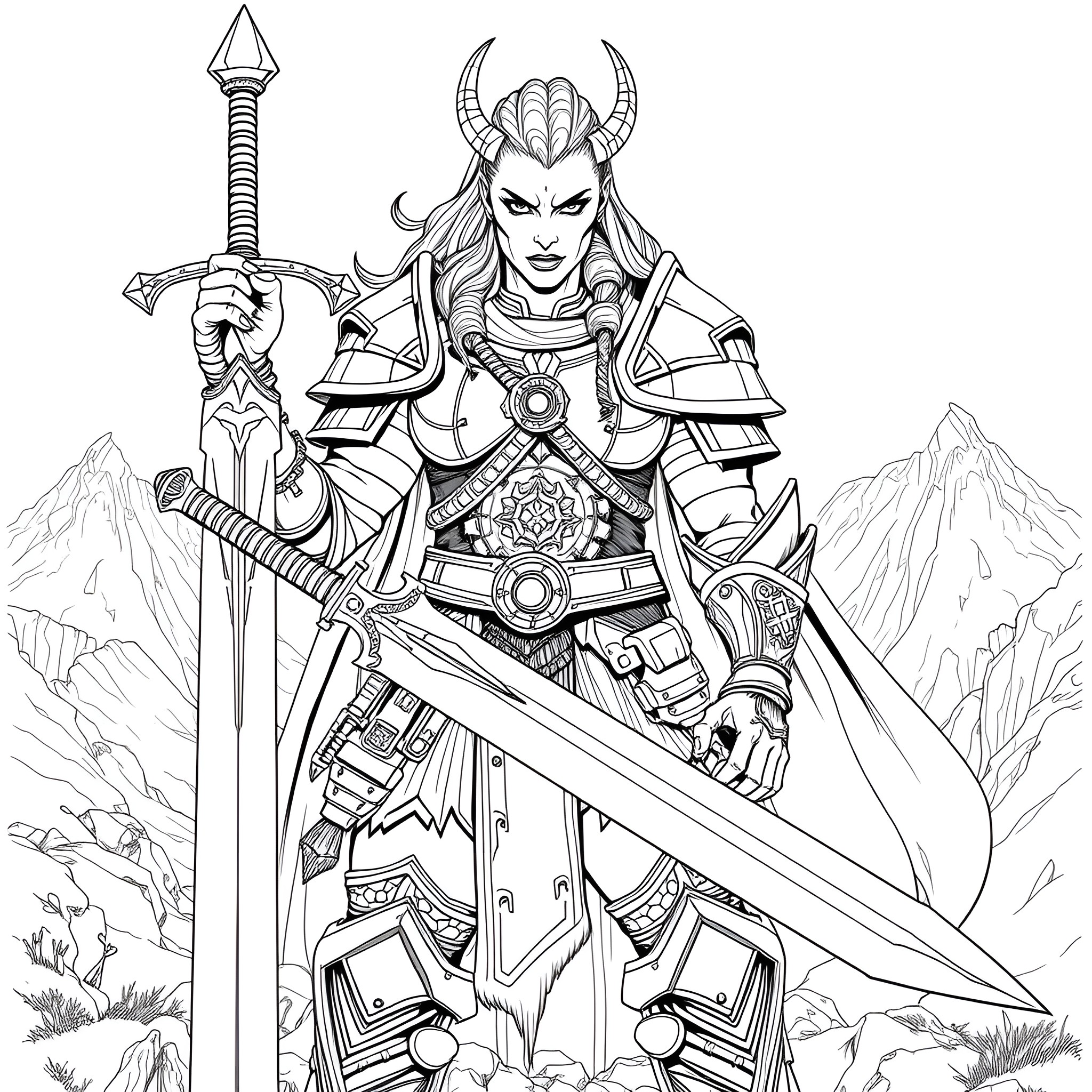 Half Orc Warrior in Armored Attire Wielding a Sword Coloring Page (free black-and-white line drawing printable PDF for all, from beginners to advanced learners, including children, teens, adults, and seniors)