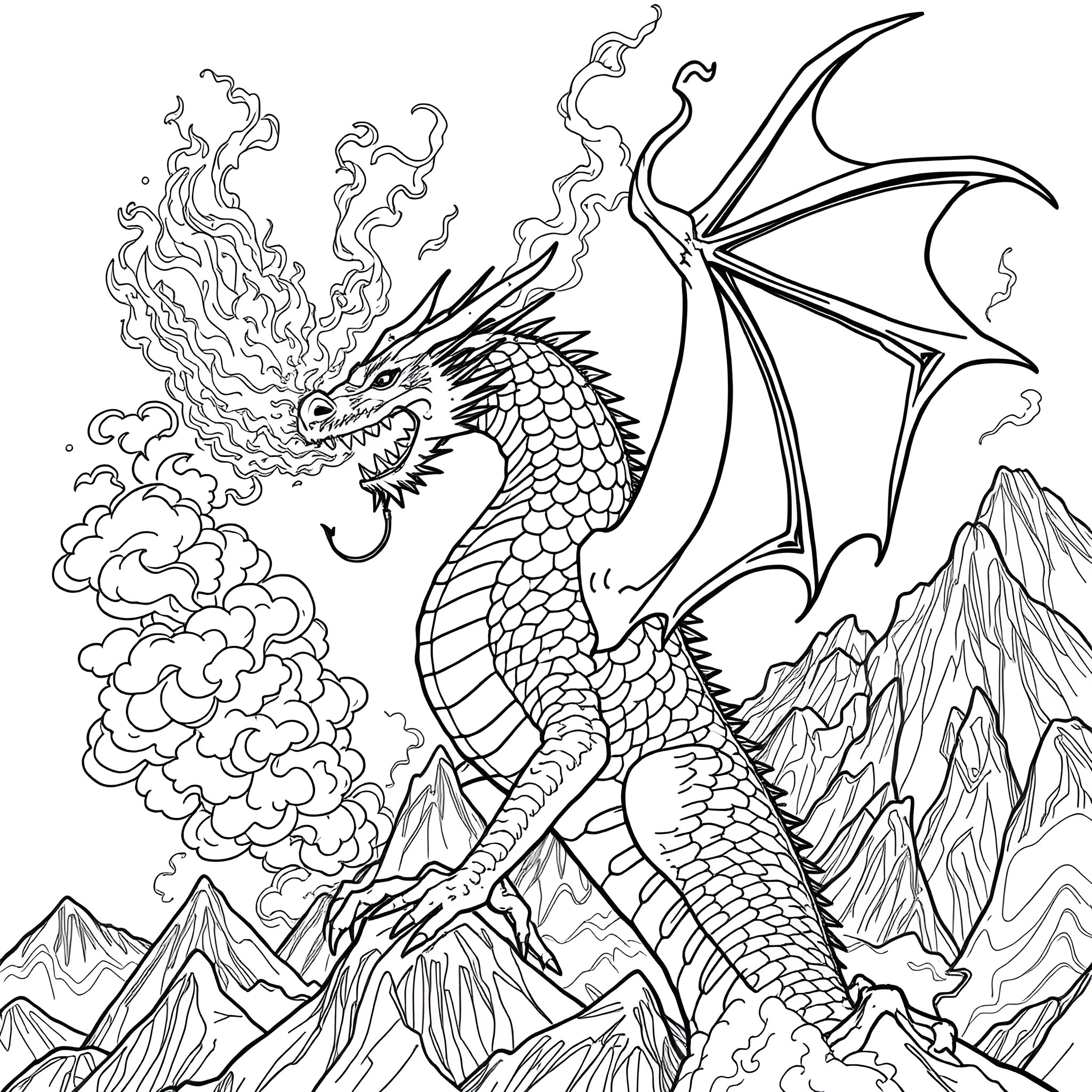 Dragon breathing fire in the mountains Coloring Page (free black-and-white line drawing printable PDF for all, from beginners to advanced learners, including children, teens, adults, and seniors)