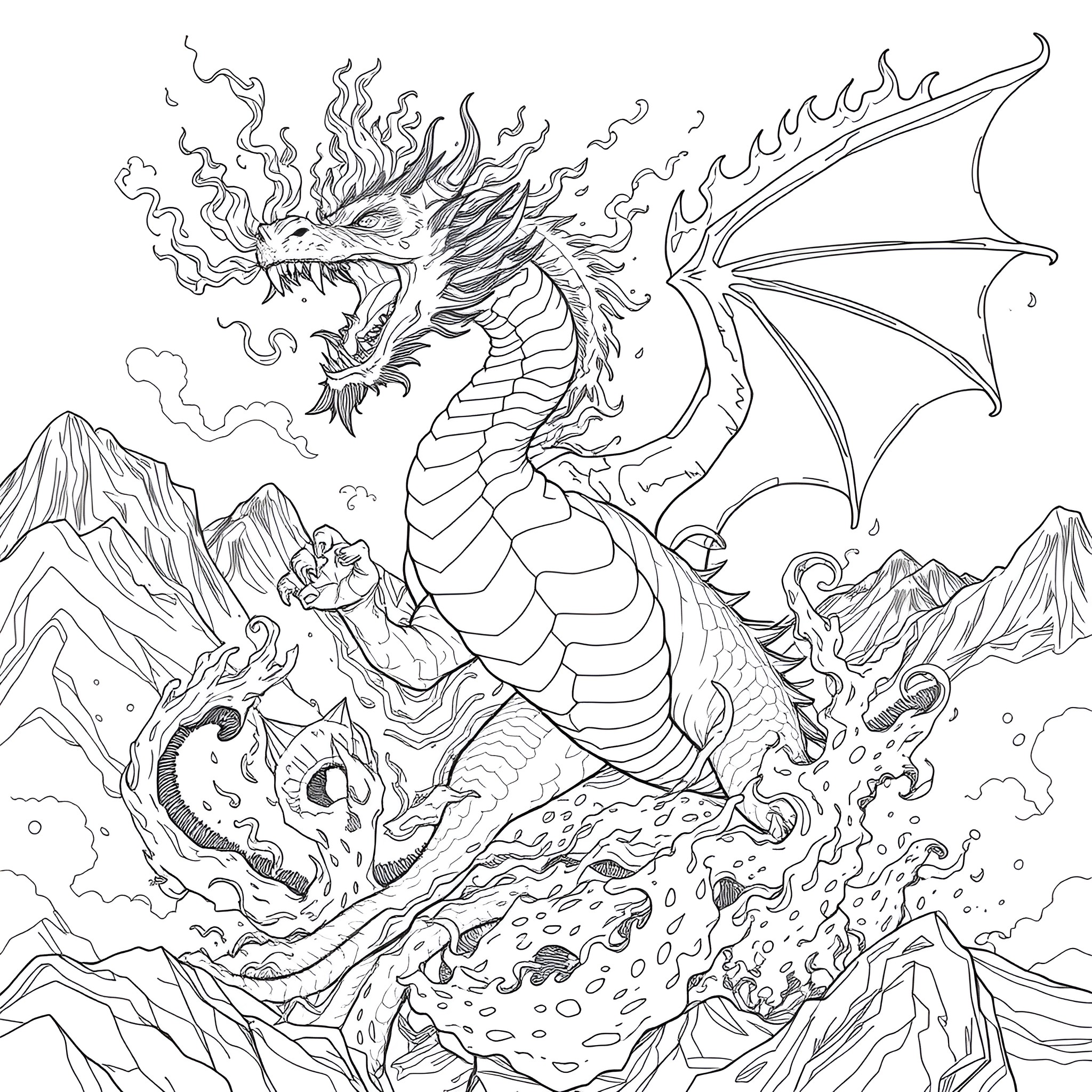 Dragon Soaring with Fiery Breath over Mountainous Landscape Coloring Page (free black-and-white line drawing printable PDF for all, from beginners to advanced learners, including children, teens, adults, and seniors)