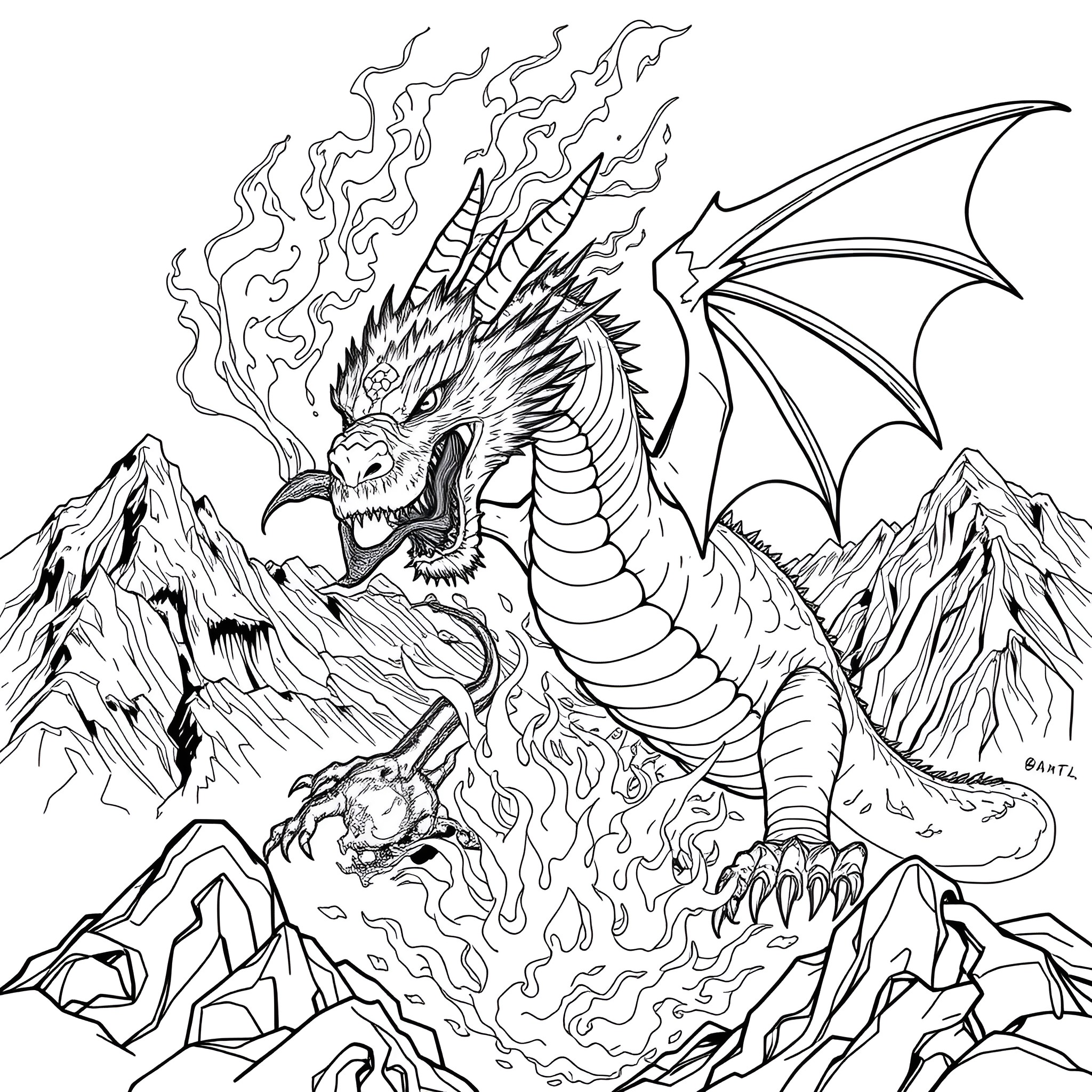 Dragon Breathing Flames over the Mountains Coloring Page (free black-and-white line drawing printable PDF for all, from beginners to advanced learners, including children, teens, adults, and seniors)