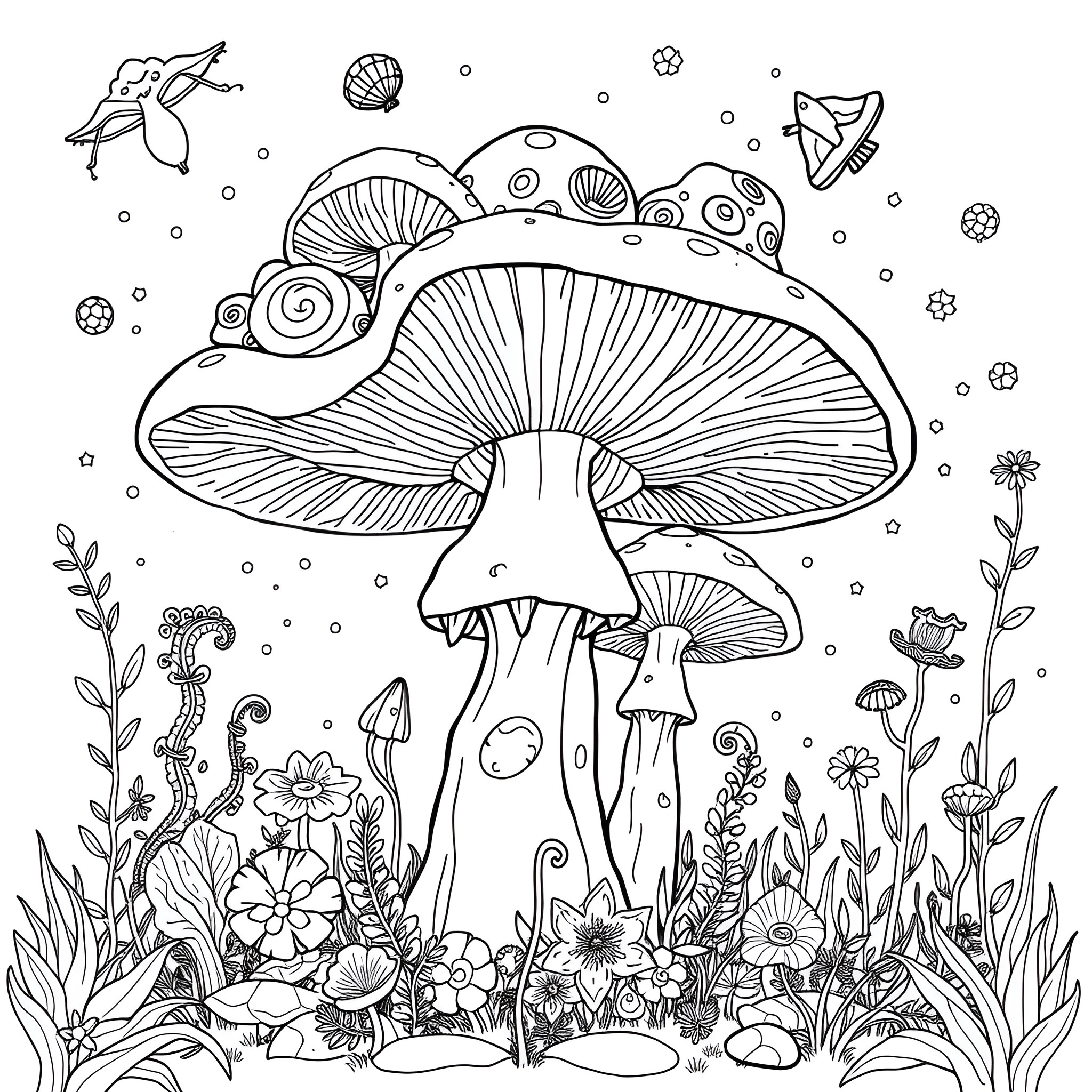 Mushroom kingdom with fantastical creatures Coloring Page (free black-and-white line drawing printable PDF for all, from beginners to advanced learners, including children, teens, adults, and seniors)