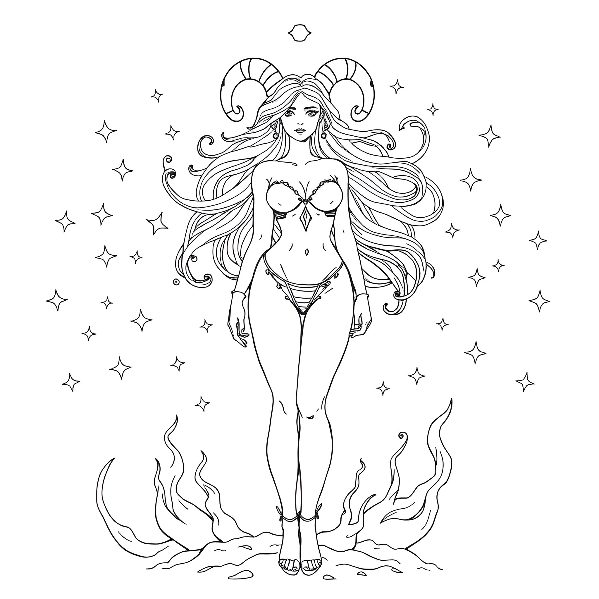 Aries Woman Posing Confidently in Starry Surroundings Coloring Page (free black-and-white line drawing printable PDF for all, from beginners to advanced learners, including children, teens, adults, and seniors)