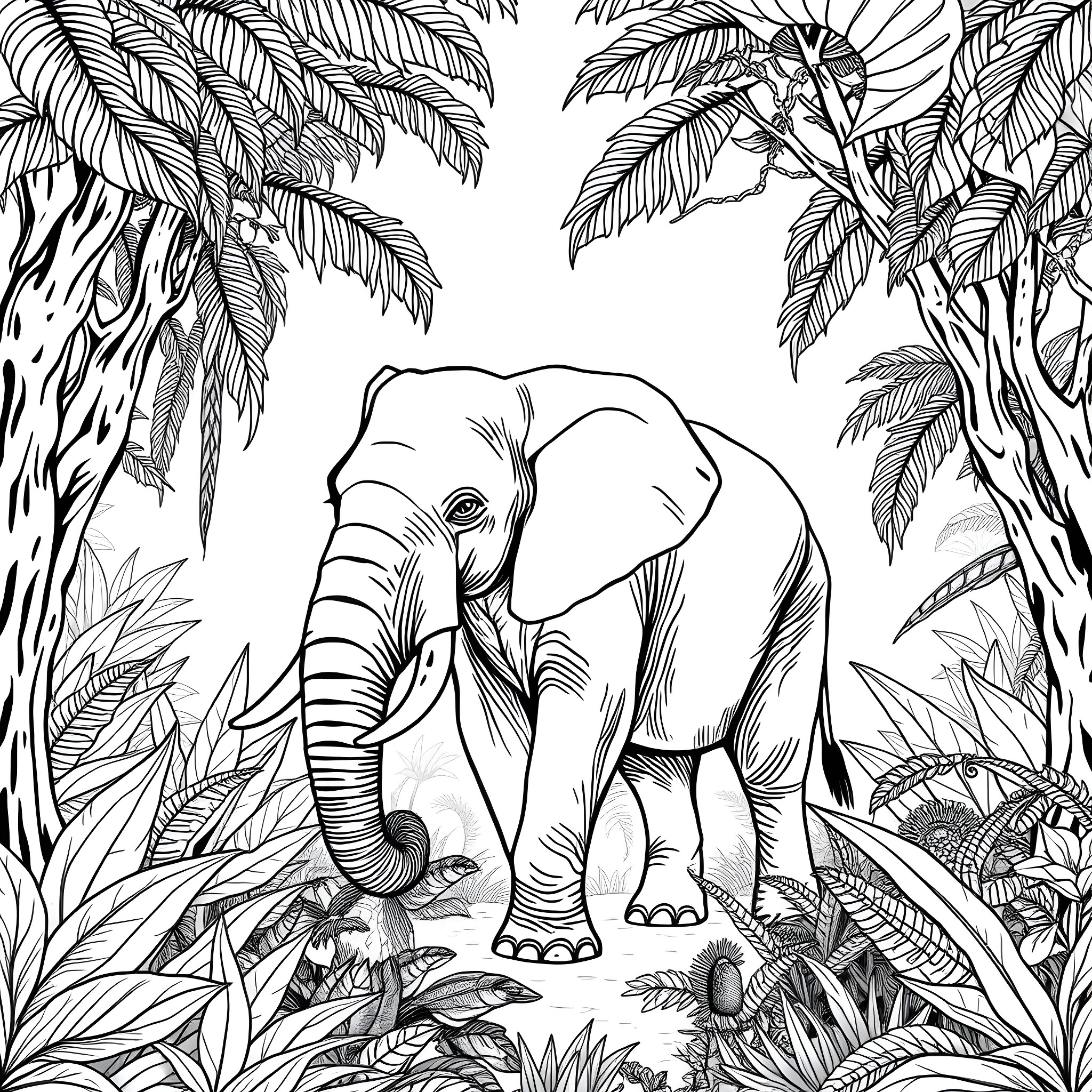 Elephant exploring the lush tropical jungle Coloring Page (free black-and-white line drawing printable PDF for all, from beginners to advanced learners, including children, teens, adults, and seniors)