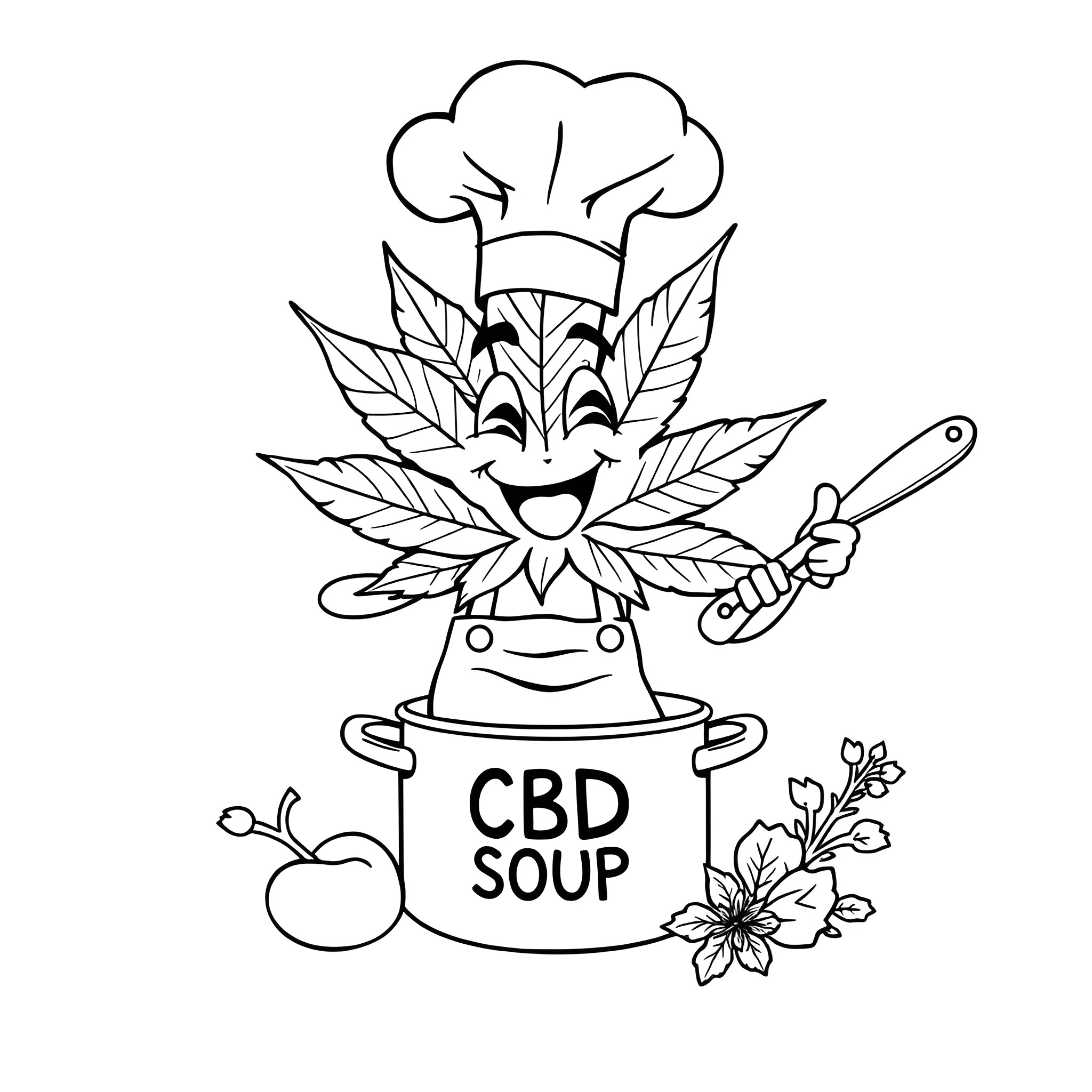 Cannabis Chef Cooking CBD Soup with Vegetables Coloring Page (free black-and-white line drawing printable PDF for all, from beginners to advanced learners, including children, teens, adults, and seniors)