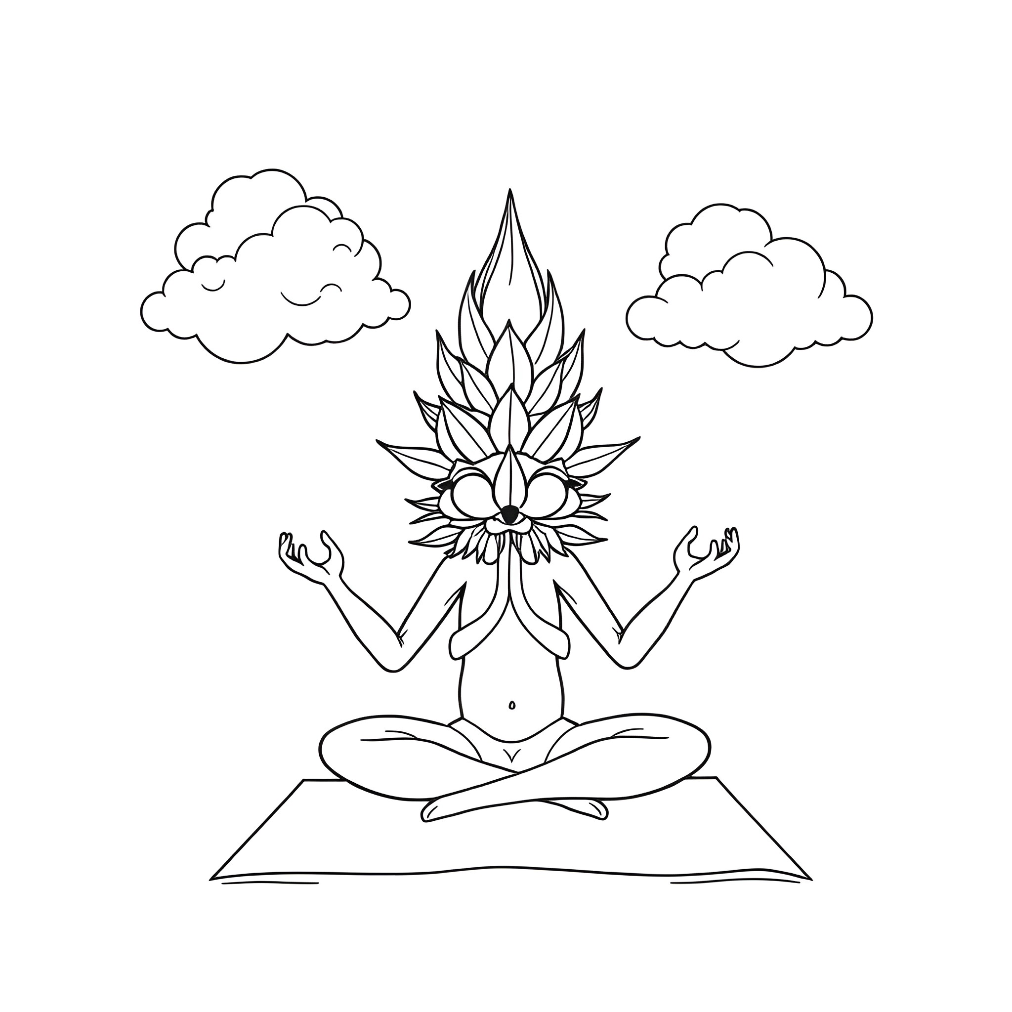 Cannabis plant meditating in a peaceful environment Coloring Page (free black-and-white line drawing printable PDF for all, from beginners to advanced learners, including children, teens, adults, and seniors)