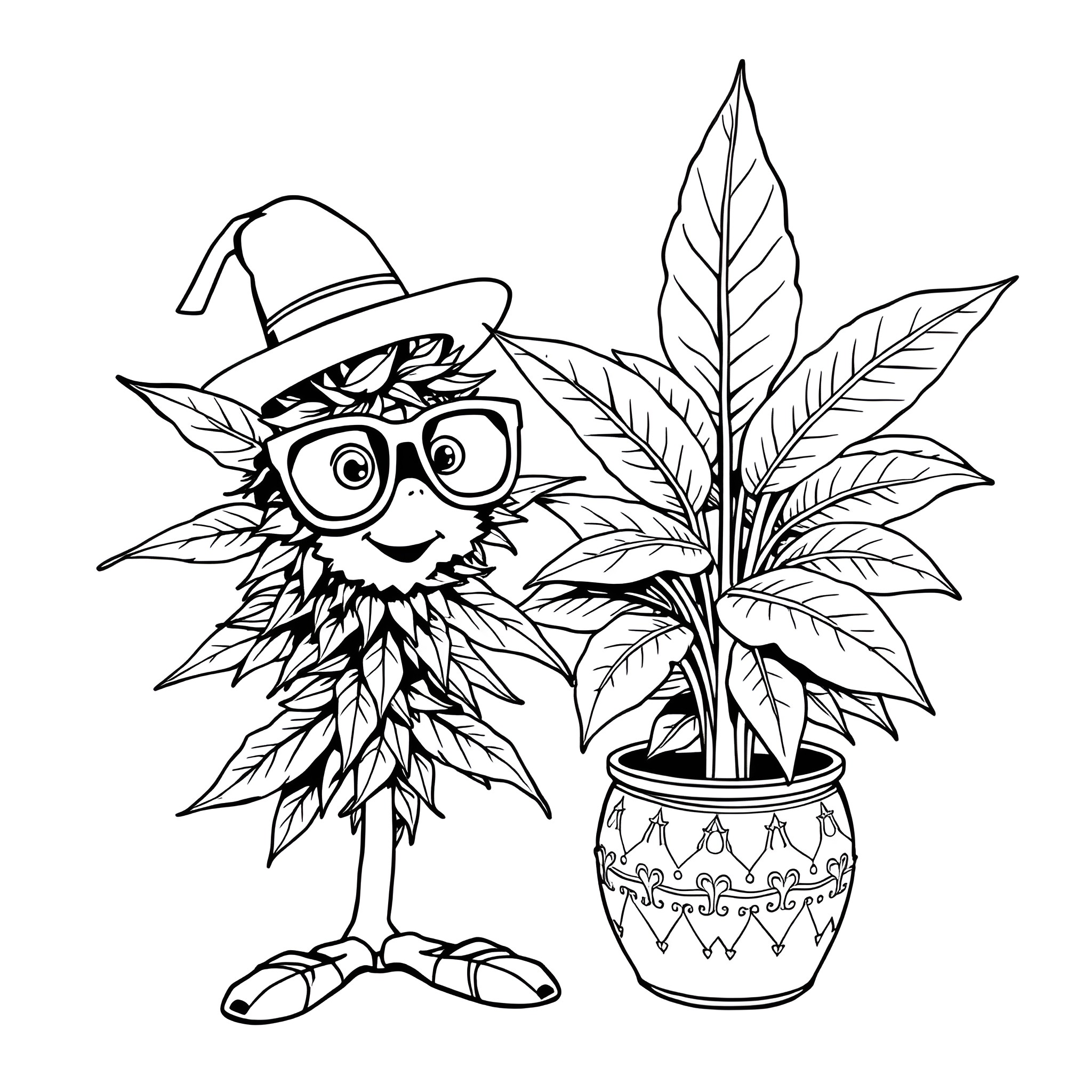 Cannabis plant with funny character in hat Coloring Page (free black-and-white line drawing printable PDF for all, from beginners to advanced learners, including children, teens, adults, and seniors)
