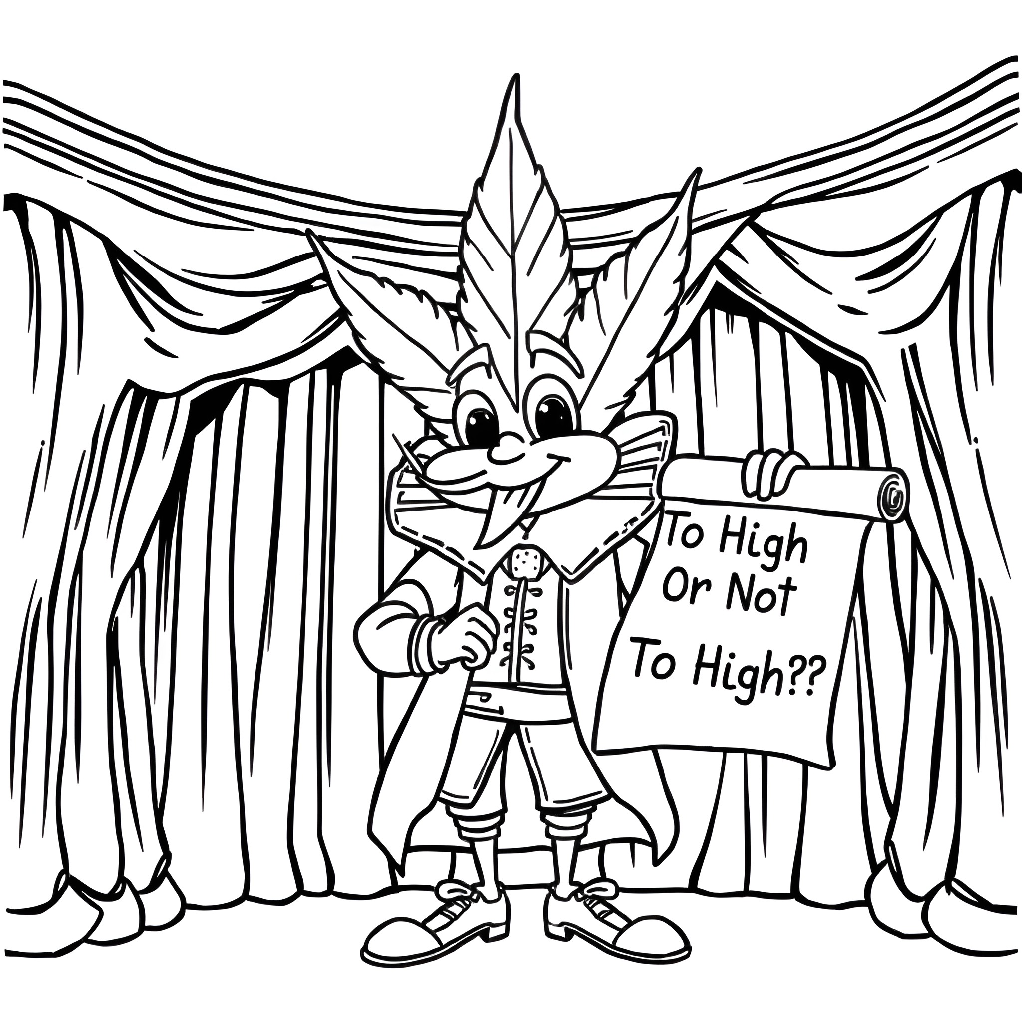 Cannabis Leaf character holding a 'To High or Not To High?' sign Coloring Page (free black-and-white line drawing printable PDF for all, from beginners to advanced learners, including children, teens, adults, and seniors)