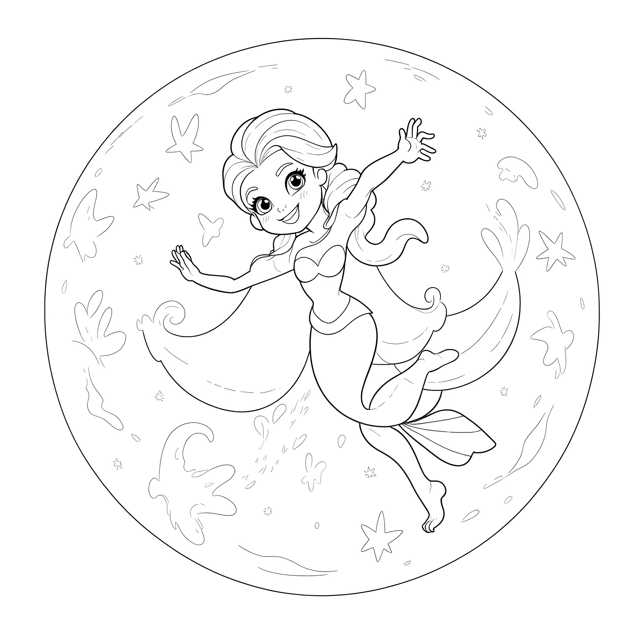 Mermaid swimming joyfully in the ocean Coloring Page (free black-and-white line drawing printable PDF for all, from beginners to advanced learners, including children, teens, adults, and seniors)