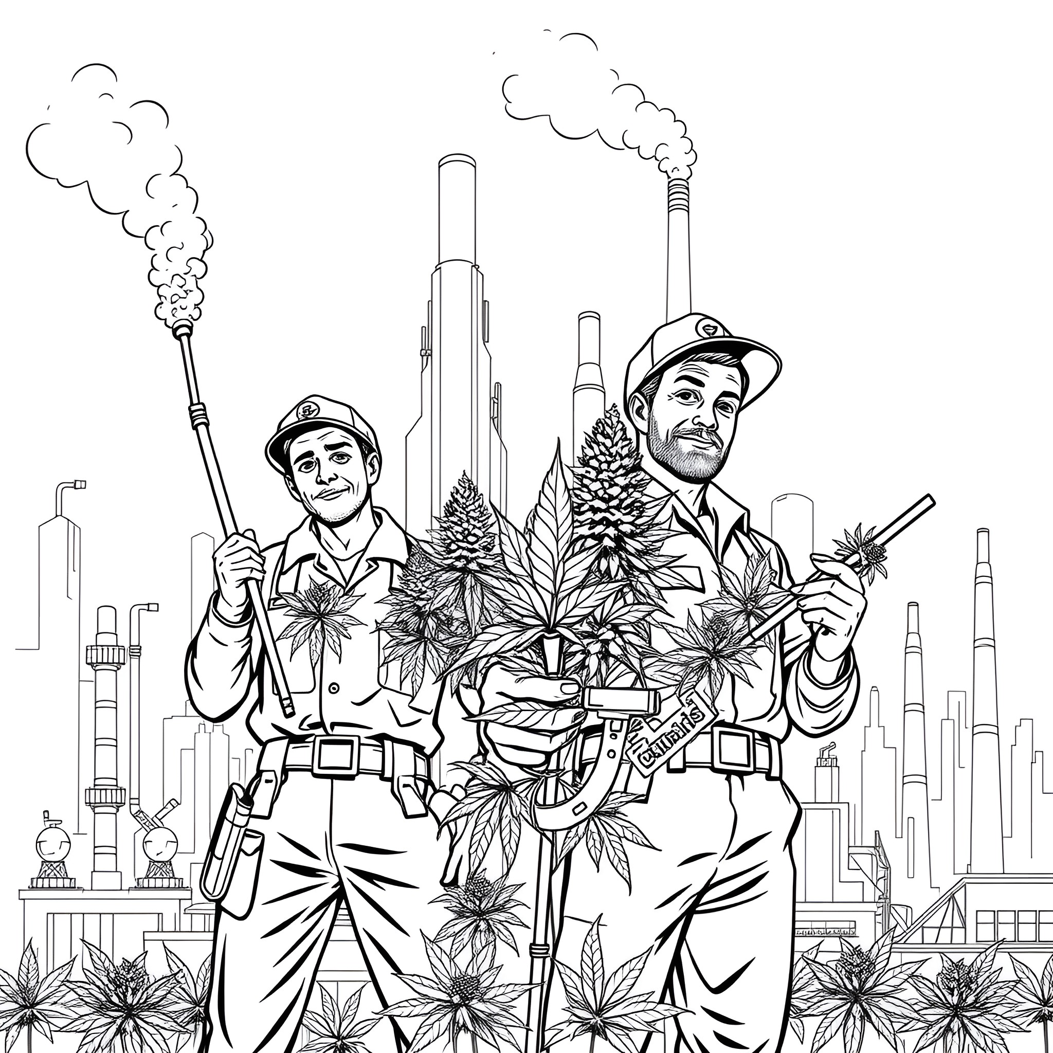 Worker Duo in Industrial Landscape Coloring Page (free black-and-white line drawing printable PDF for all, from beginners to advanced learners, including children, teens, adults, and seniors)