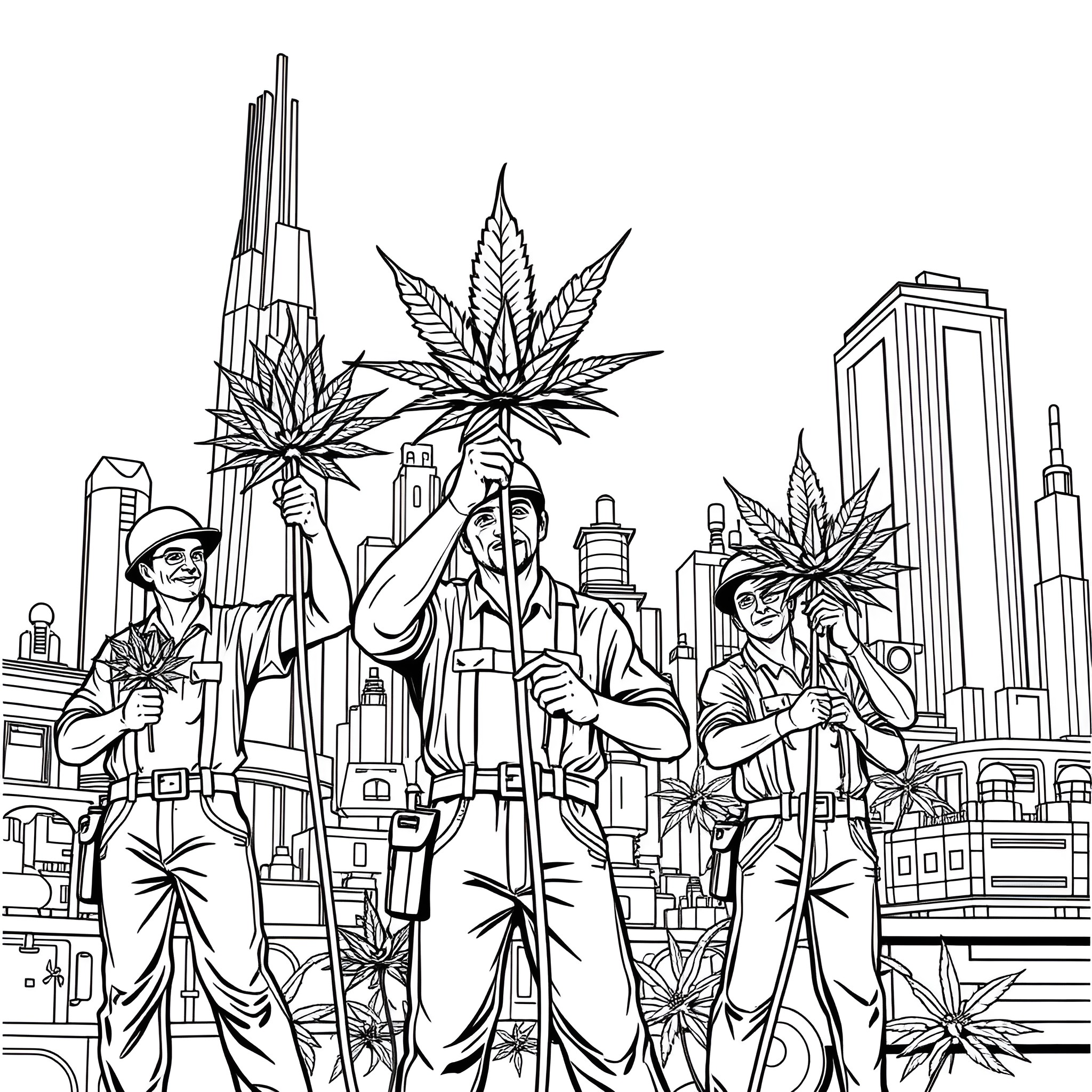 Cannabis activists celebrating legalization in the city Coloring Page (free black-and-white line drawing printable PDF for all, from beginners to advanced learners, including children, teens, adults, and seniors)