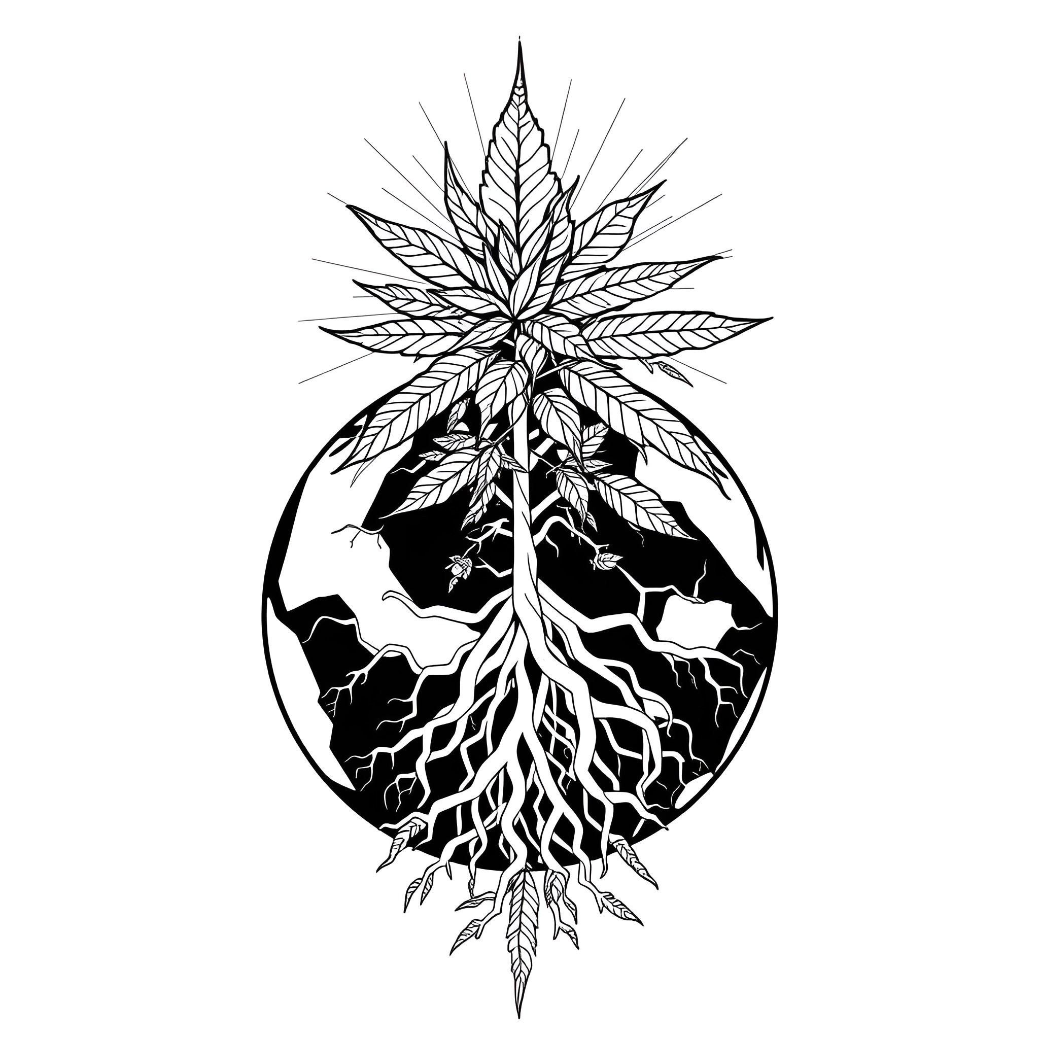 Charlotte's Mystical Cannabis Plant Coloring Page (free black-and-white line drawing printable PDF for all, from beginners to advanced learners, including children, teens, adults, and seniors)