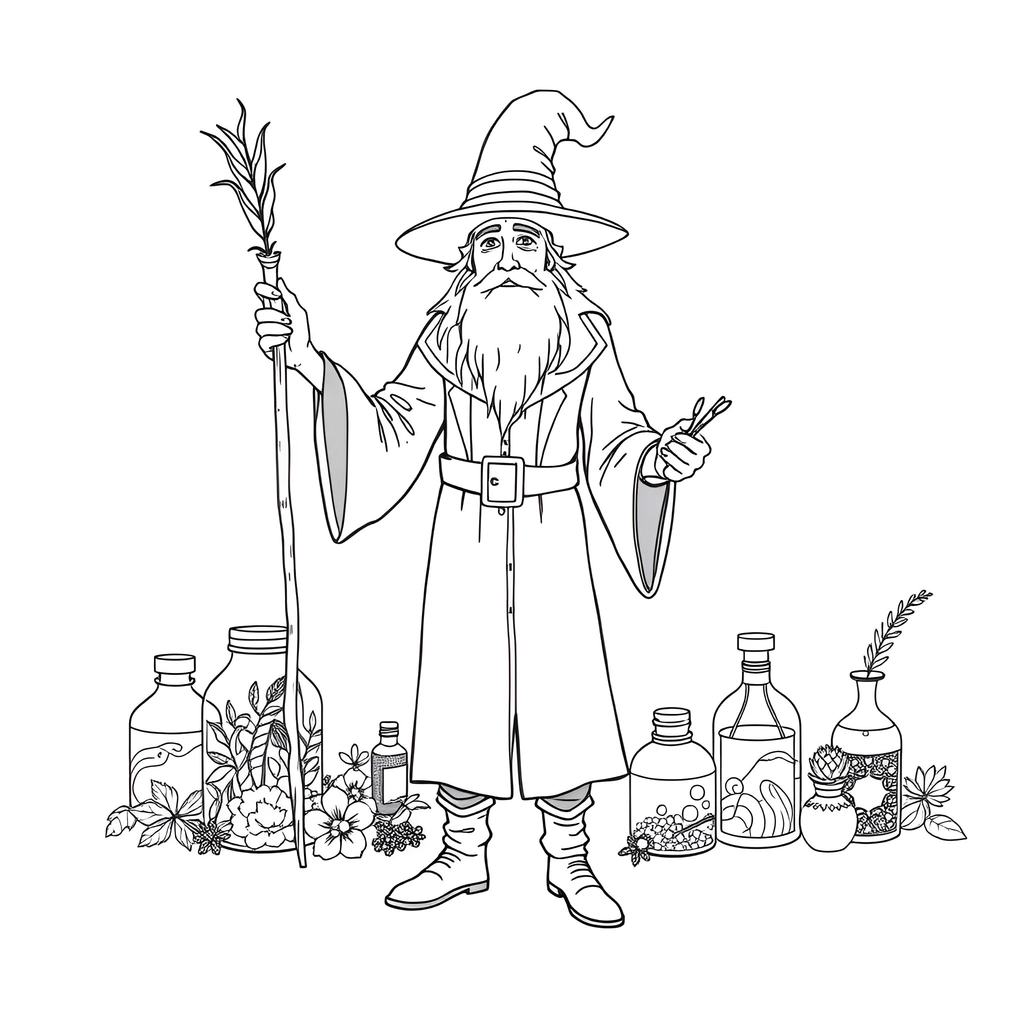 Magician with magical items and potions Coloring Page (free black-and-white line drawing printable PDF for all, from beginners to advanced learners, including children, teens, adults, and seniors)