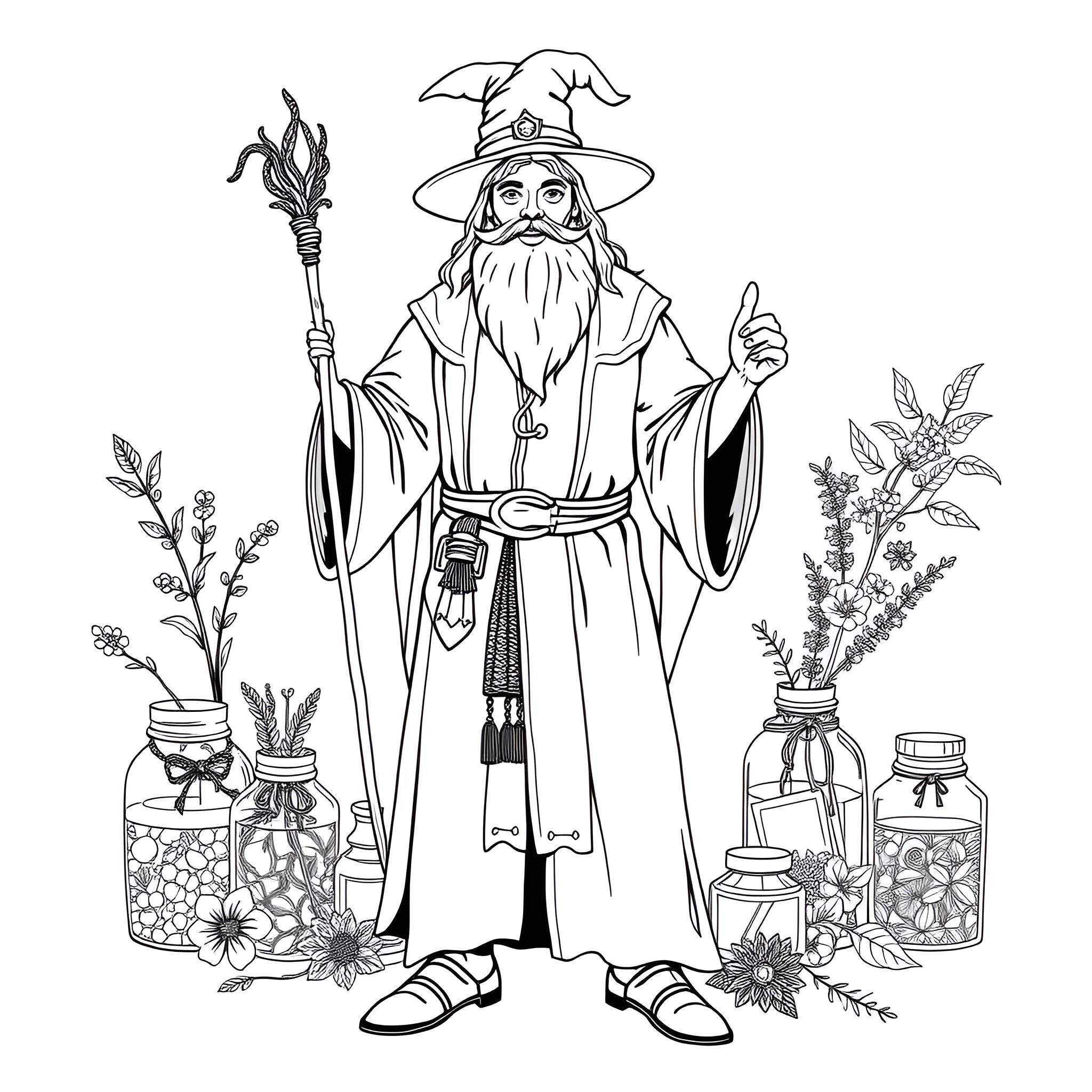 Magician with Magical Staff and Herbs Coloring Page (free black-and-white line drawing printable PDF for all, from beginners to advanced learners, including children, teens, adults, and seniors)