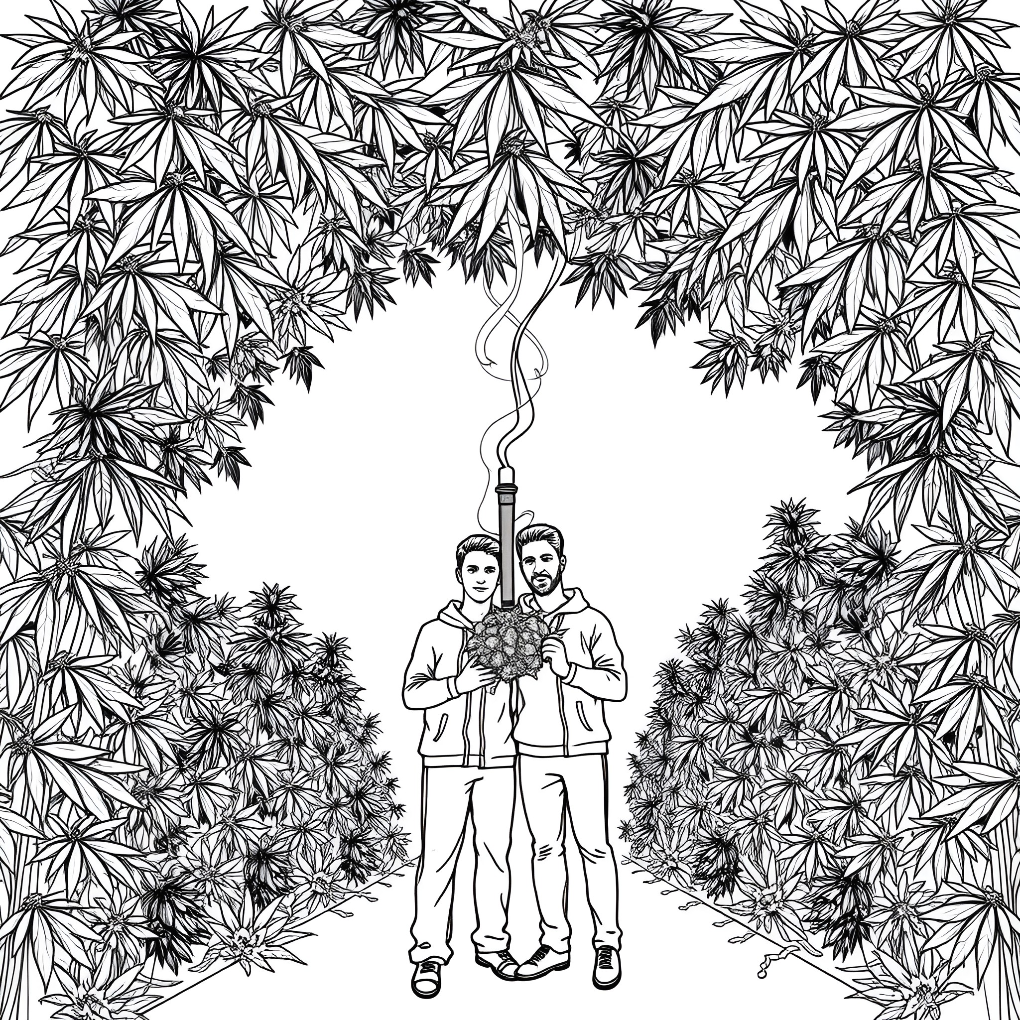Flower couple walking in cannabis garden Coloring Page (free black-and-white line drawing printable PDF for all, from beginners to advanced learners, including children, teens, adults, and seniors)