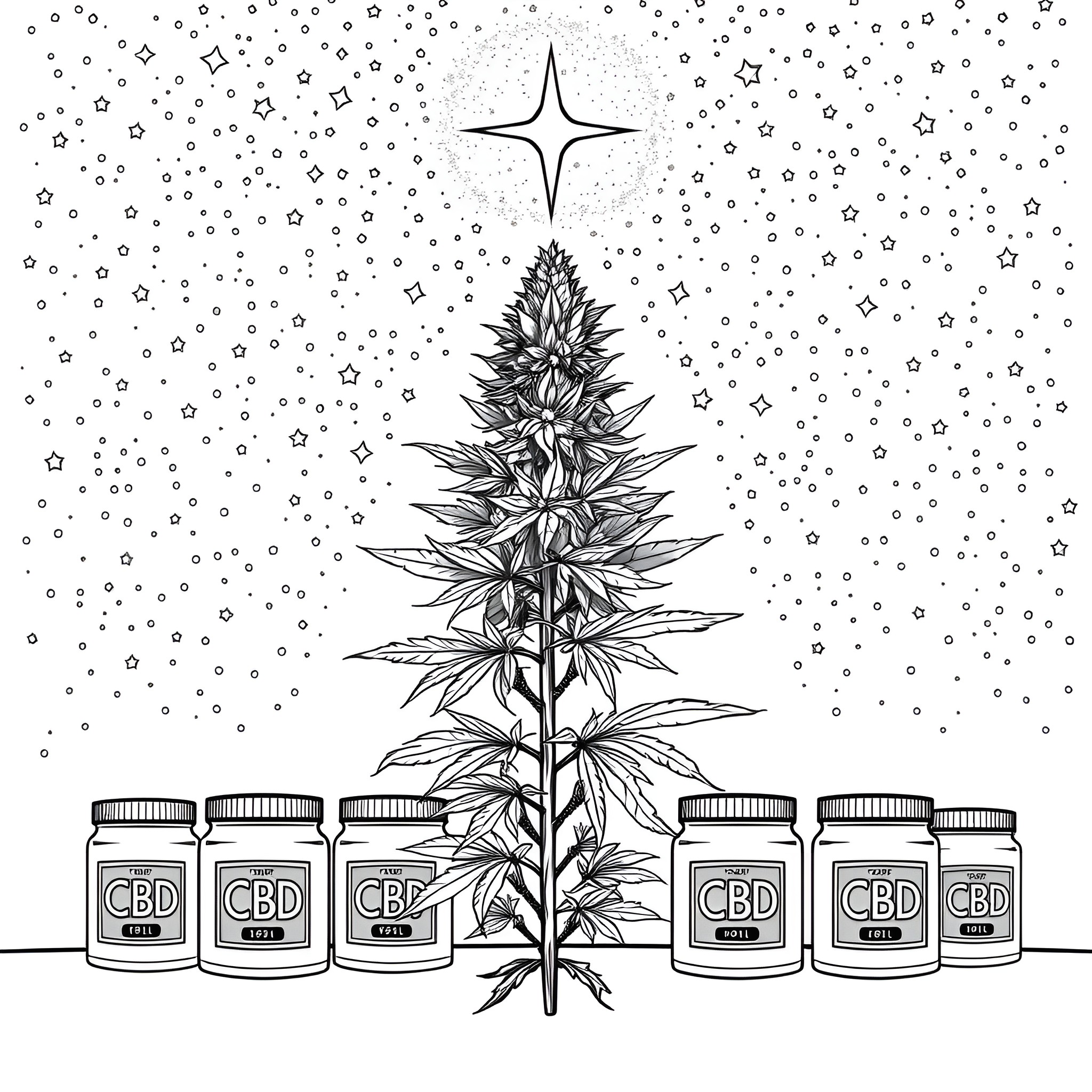 Cannabis products and starry night sky Coloring Page (free black-and-white line drawing printable PDF for all, from beginners to advanced learners, including children, teens, adults, and seniors)