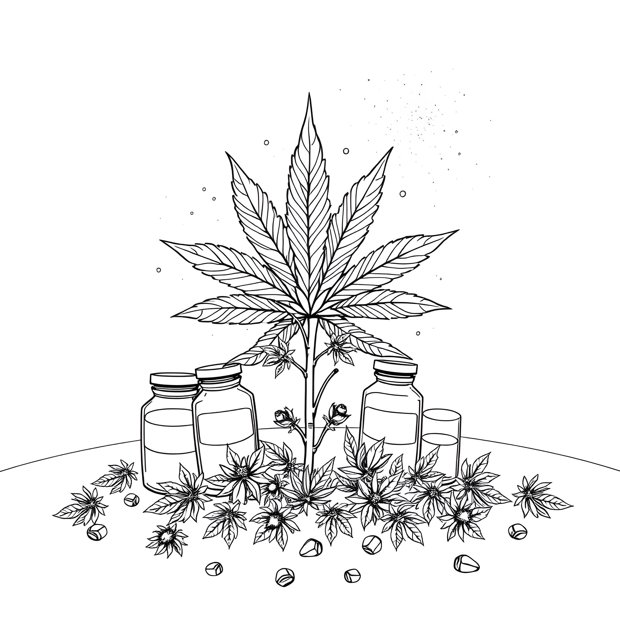 Cannabis plant with jars in medicinal garden Coloring Page (free black-and-white line drawing printable PDF for all, from beginners to advanced learners, including children, teens, adults, and seniors)