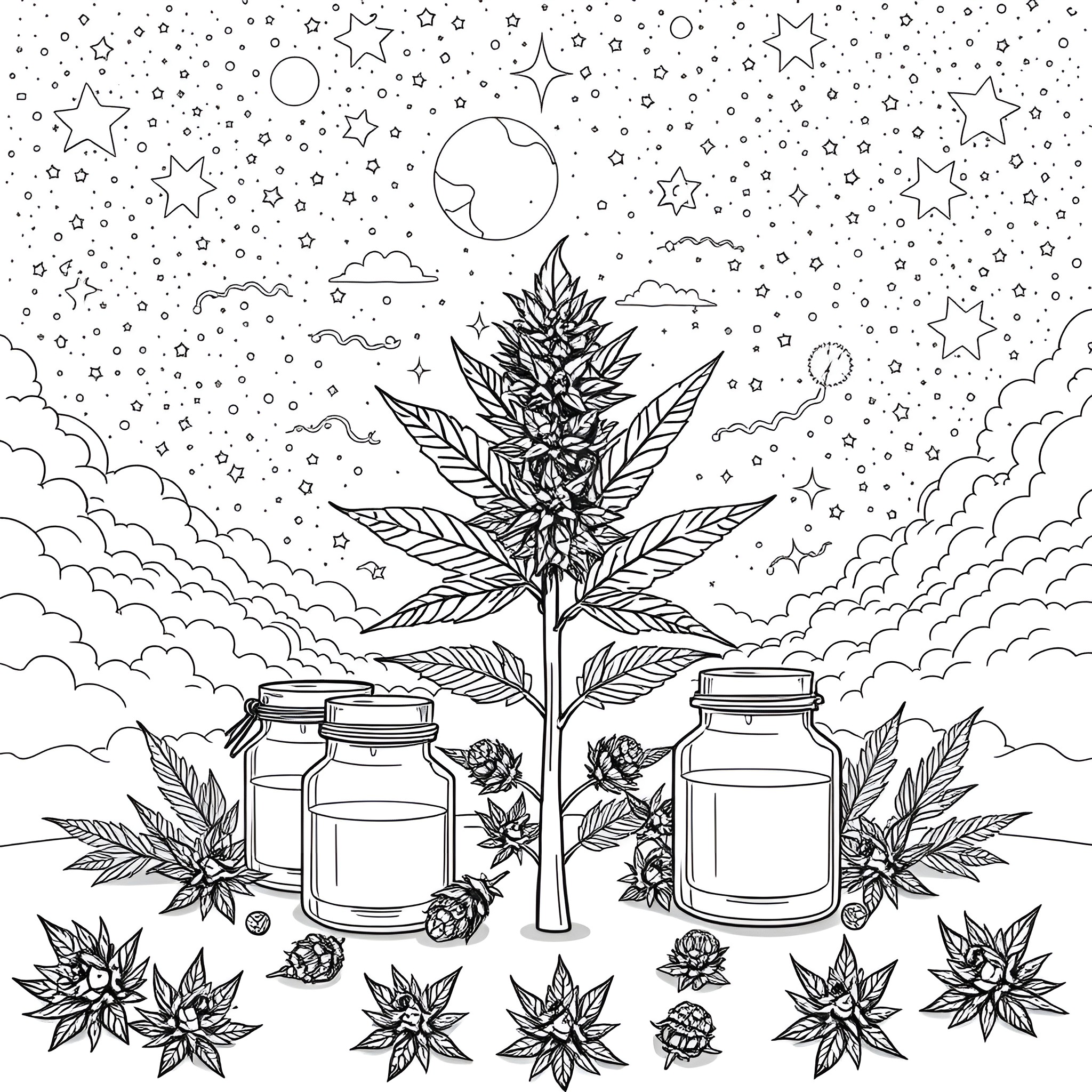 Cannabis Botanical Illustration with Jars and Cosmic Background Coloring Page (free black-and-white line drawing printable PDF for all, from beginners to advanced learners, including children, teens, adults, and seniors)
