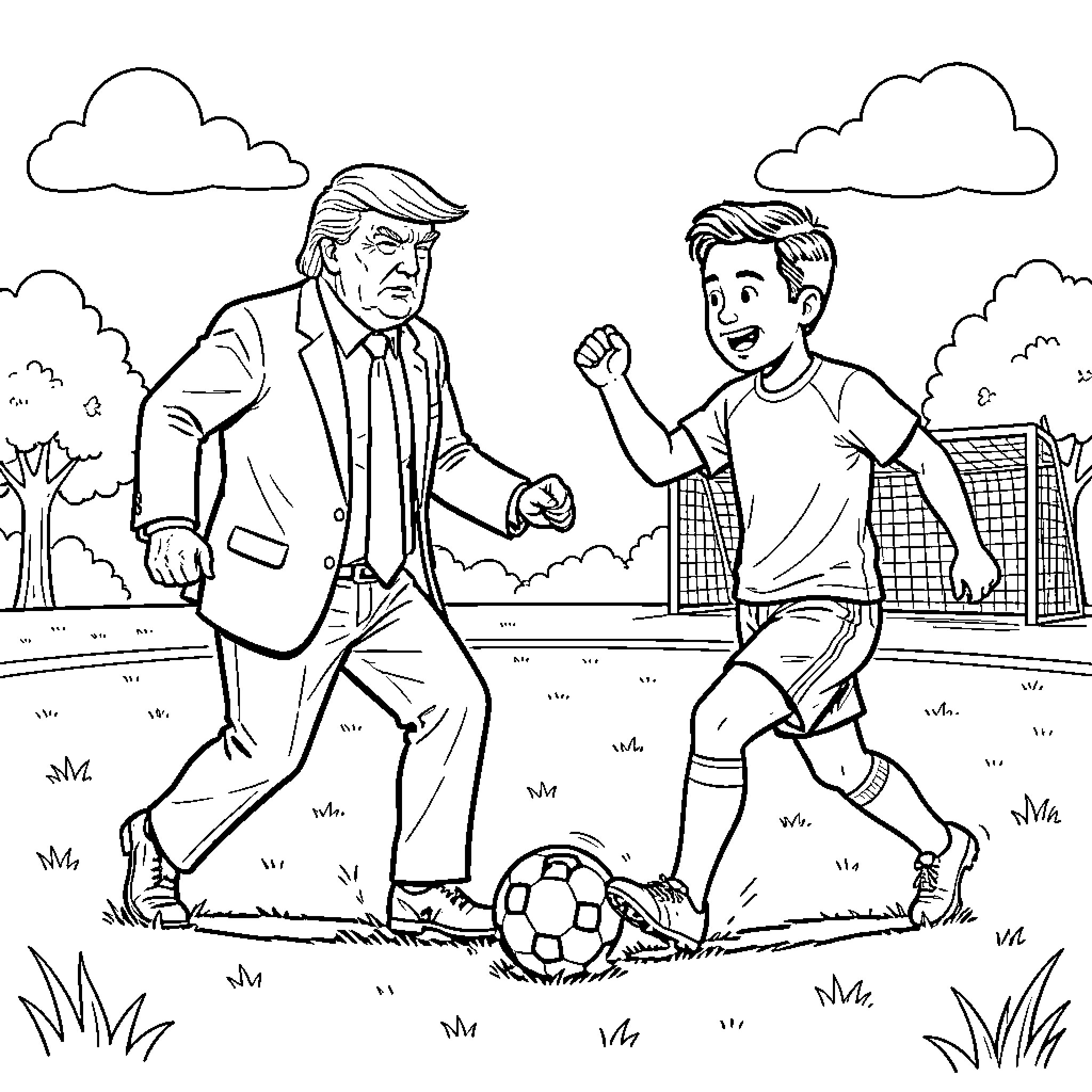 Trump playing soccer with a young boy outdoors Coloring Page (free black-and-white line drawing printable PDF for all, from beginners to advanced learners, including children, teens, adults, and seniors)
