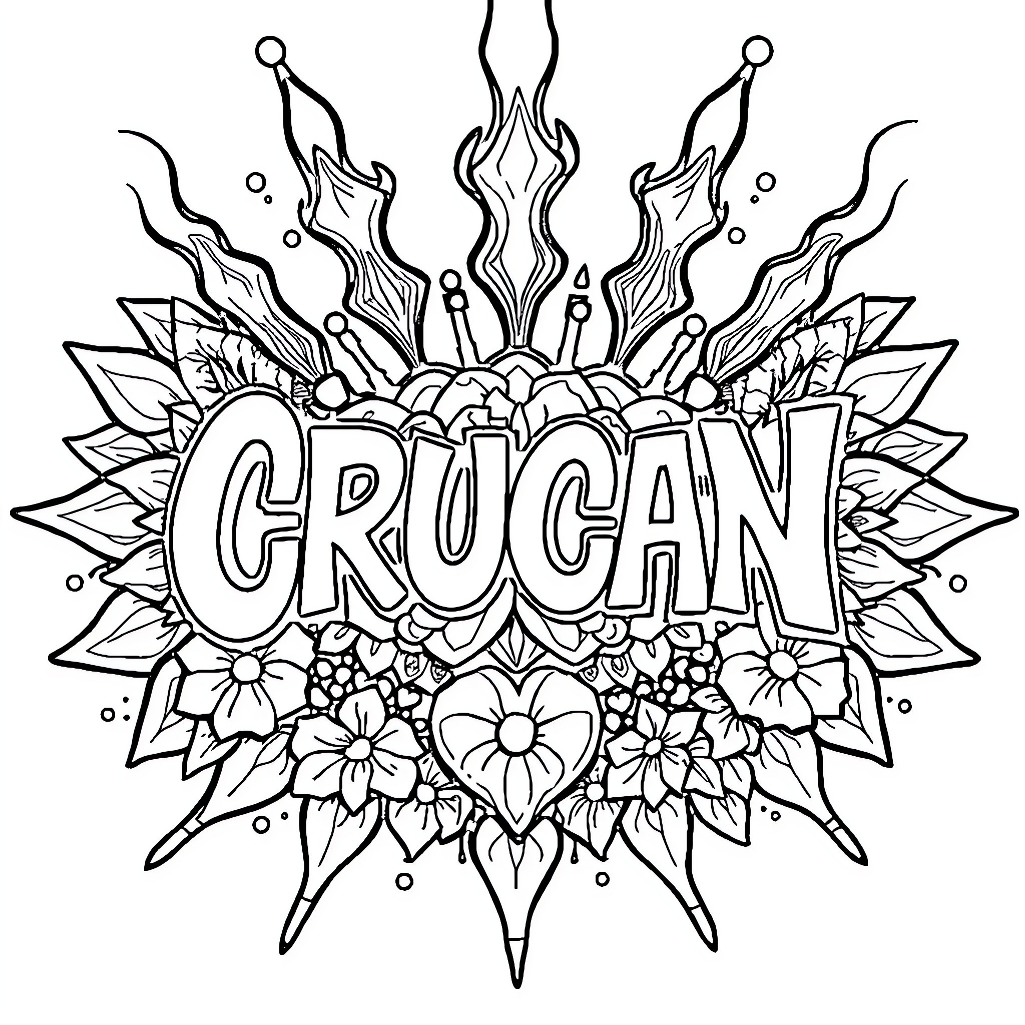 Mushroom Explosion of Flowers and Flames Coloring Page (free black-and-white line drawing printable PDF for all, from beginners to advanced learners, including children, teens, adults, and seniors)