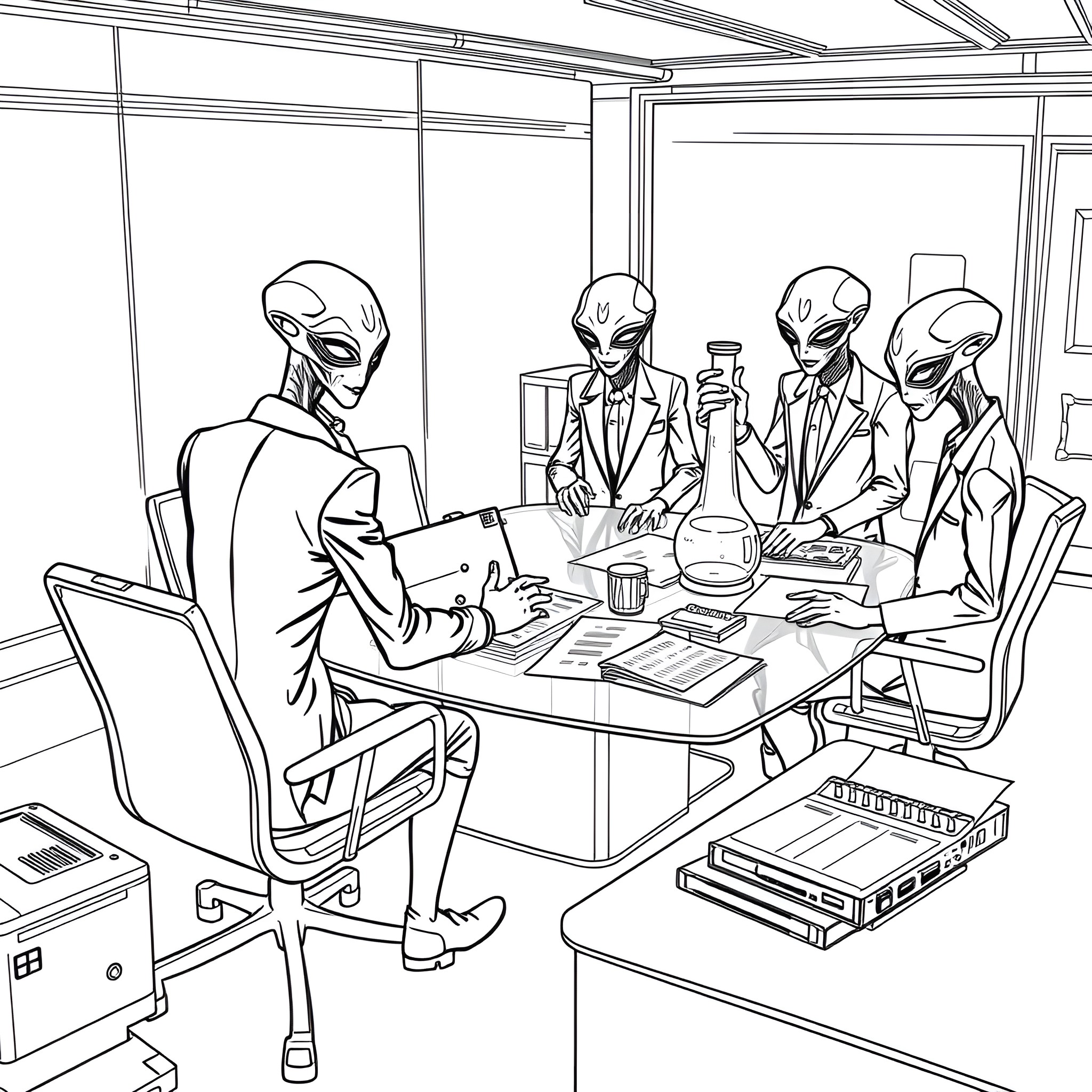 Alien agents discussing top-secret documents in the office Coloring Page (free black-and-white line drawing printable PDF for all, from beginners to advanced learners, including children, teens, adults, and seniors)