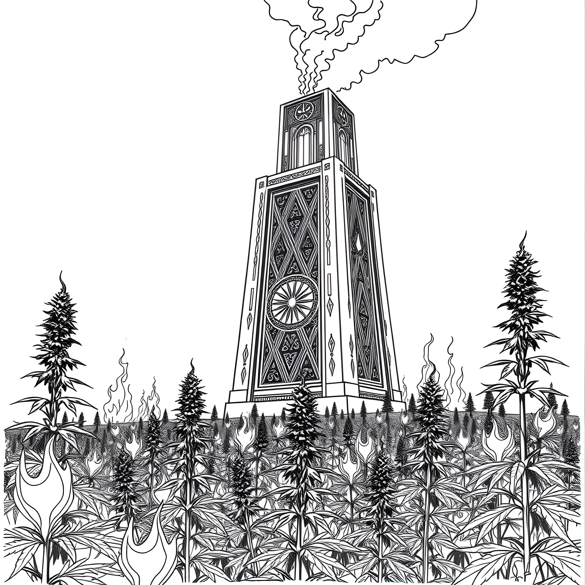 Tower among trees and flames Coloring Page (free black-and-white line drawing printable PDF for all, from beginners to advanced learners, including children, teens, adults, and seniors)