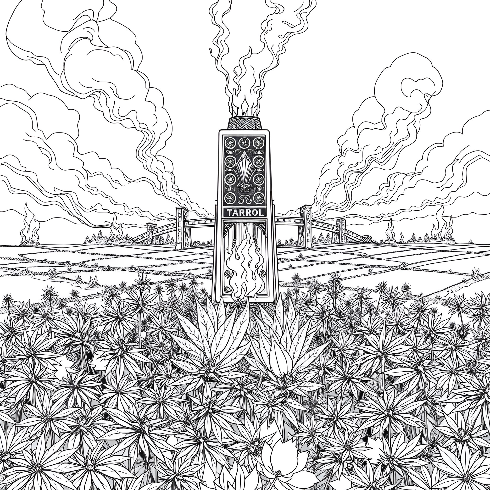 Tower of Surreal Smoke and Flora Coloring Page (free black-and-white line drawing printable PDF for all, from beginners to advanced learners, including children, teens, adults, and seniors)