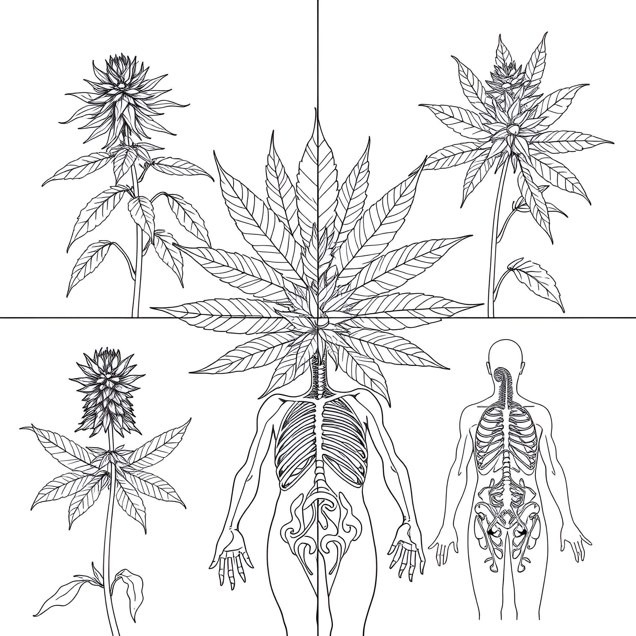 Cannabis plants and anatomy in detailed illustration Coloring Page (free black-and-white line drawing printable PDF for all, from beginners to advanced learners, including children, teens, adults, and seniors)