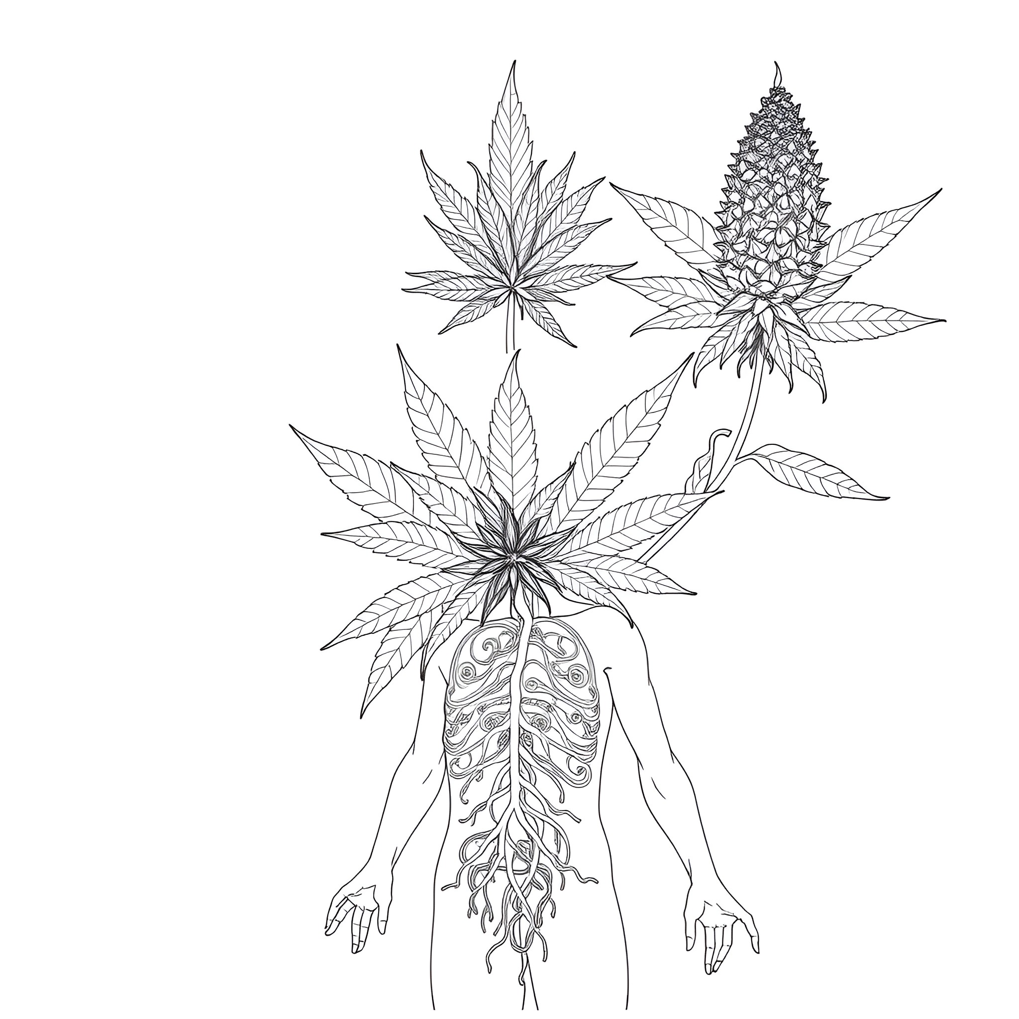 Cannabis Plants with Intricate Botanical Illustrations Coloring Page (free black-and-white line drawing printable PDF for all, from beginners to advanced learners, including children, teens, adults, and seniors)