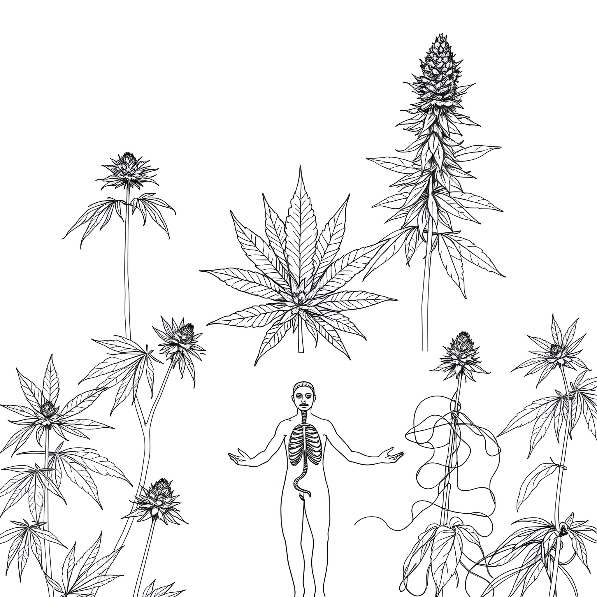 Cannabis plant sketches with surreal human elements Coloring Page (free black-and-white line drawing printable PDF for all, from beginners to advanced learners, including children, teens, adults, and seniors)