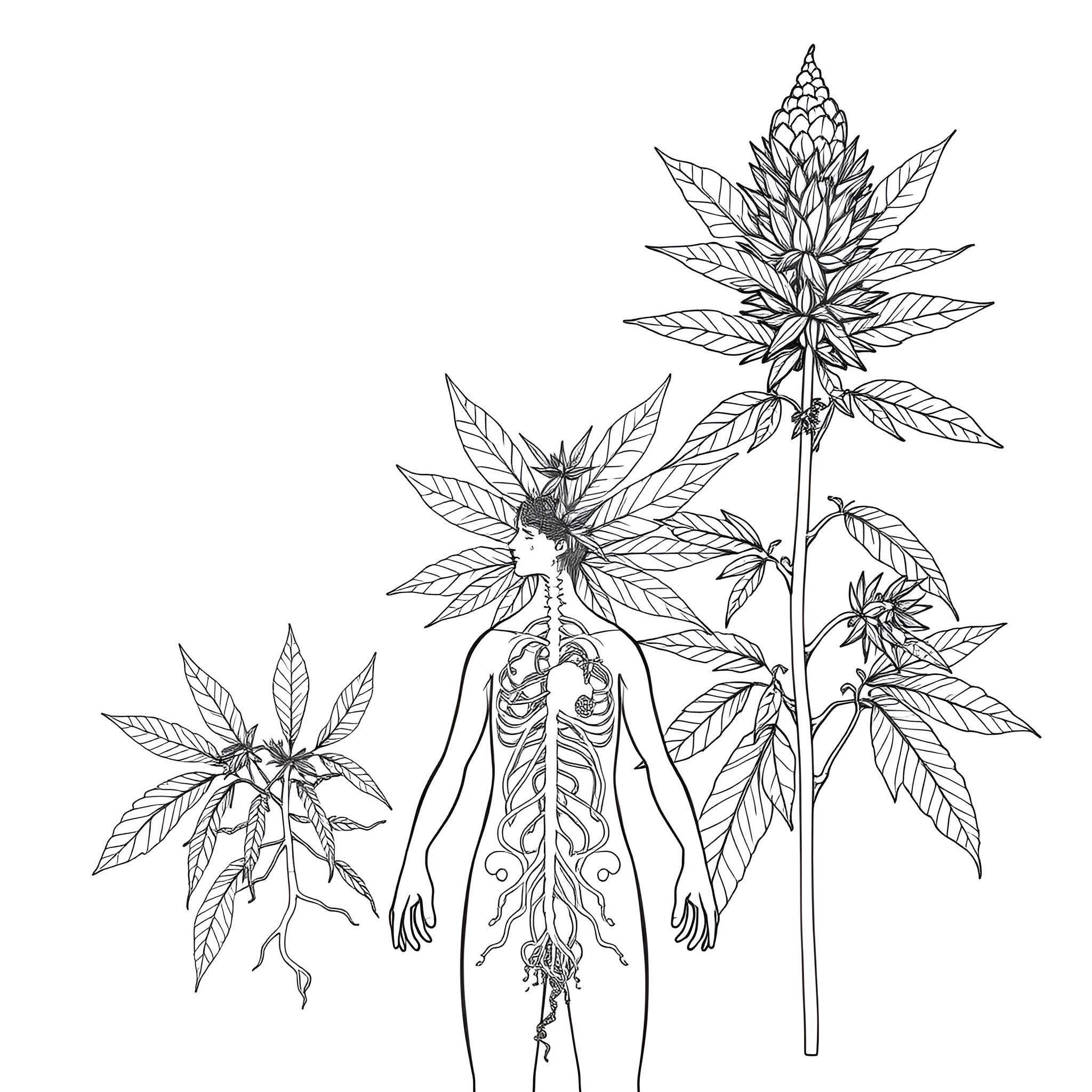 Cannabis plant and human skeleton illustration Coloring Page (free black-and-white line drawing printable PDF for all, from beginners to advanced learners, including children, teens, adults, and seniors)