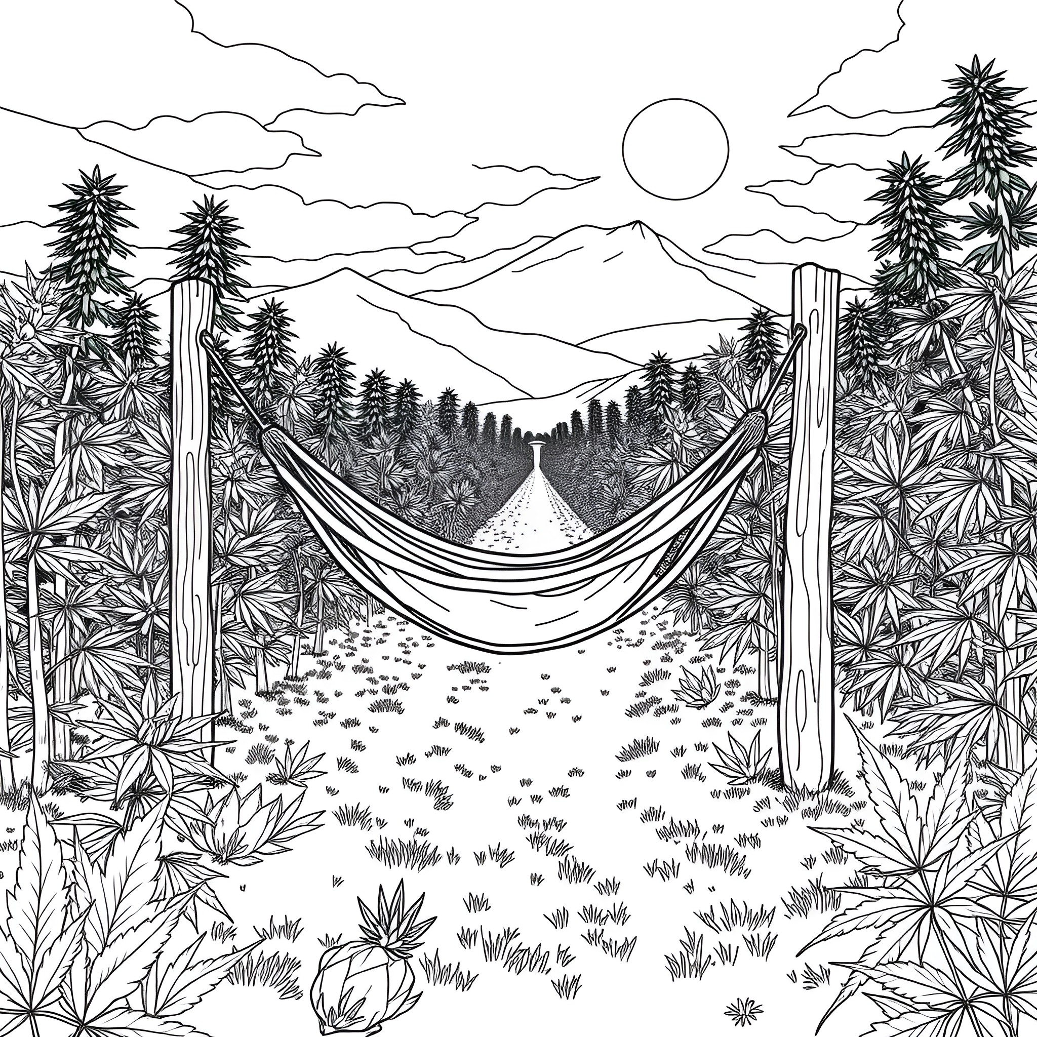 Hammock in a tranquil forest landscape Coloring Page (free black-and-white line drawing printable PDF for all, from beginners to advanced learners, including children, teens, adults, and seniors)