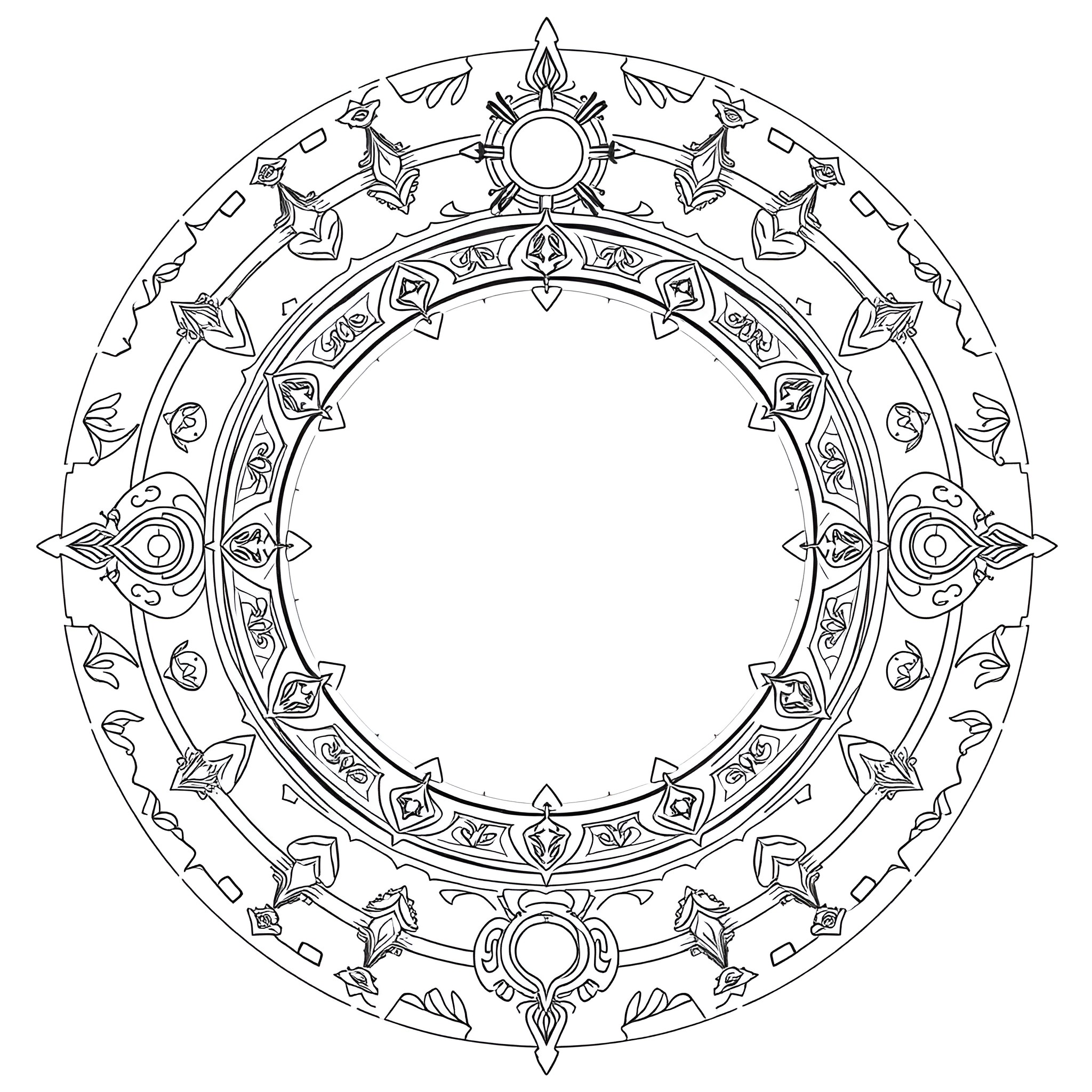 Tarot Card with Celestial Motifs and Geometric Patterns Coloring Page (free black-and-white line drawing printable PDF for all, from beginners to advanced learners, including children, teens, adults, and seniors)