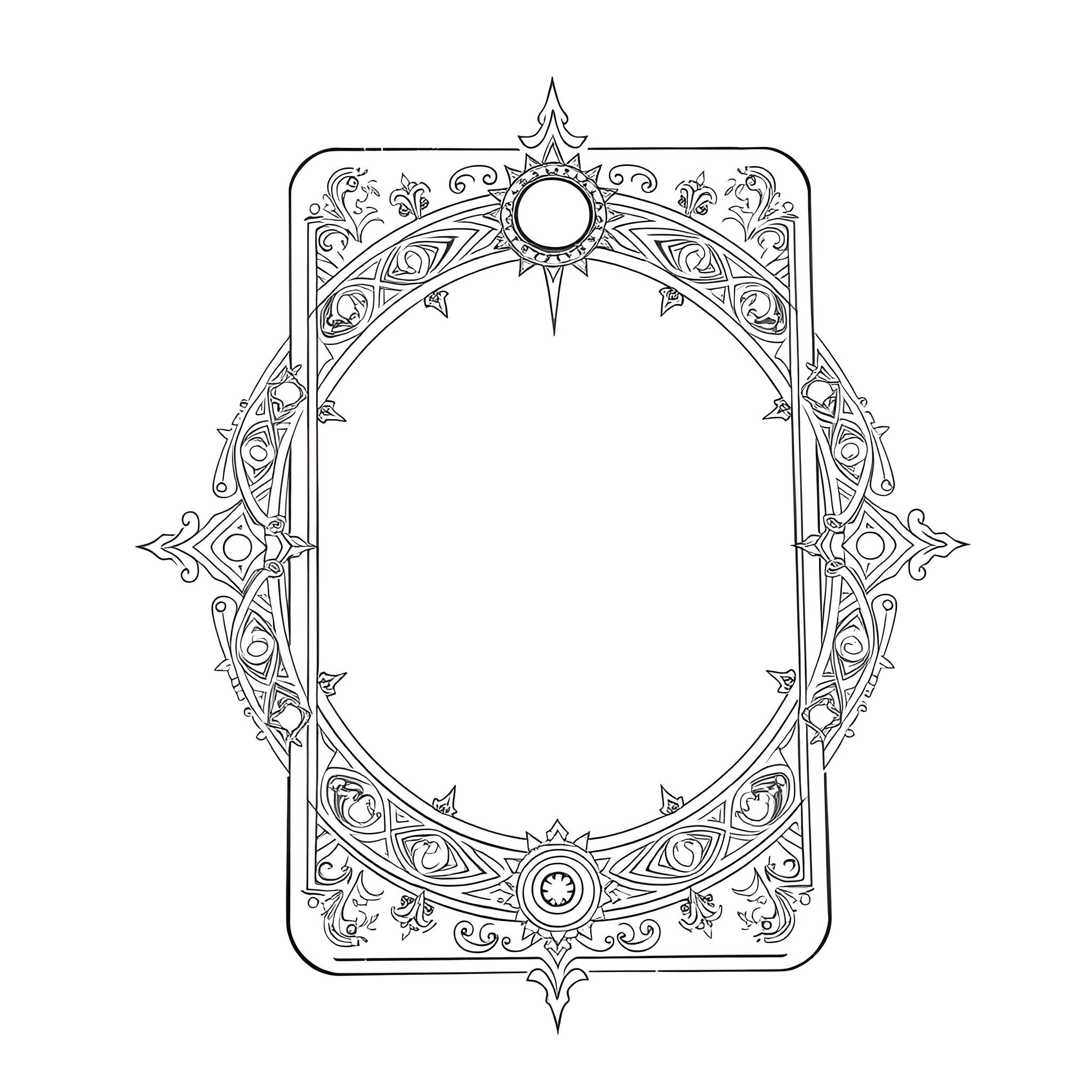 Tarot Card with Ornate Frame and Celestial Motifs Coloring Page (free black-and-white line drawing printable PDF for all, from beginners to advanced learners, including children, teens, adults, and seniors)